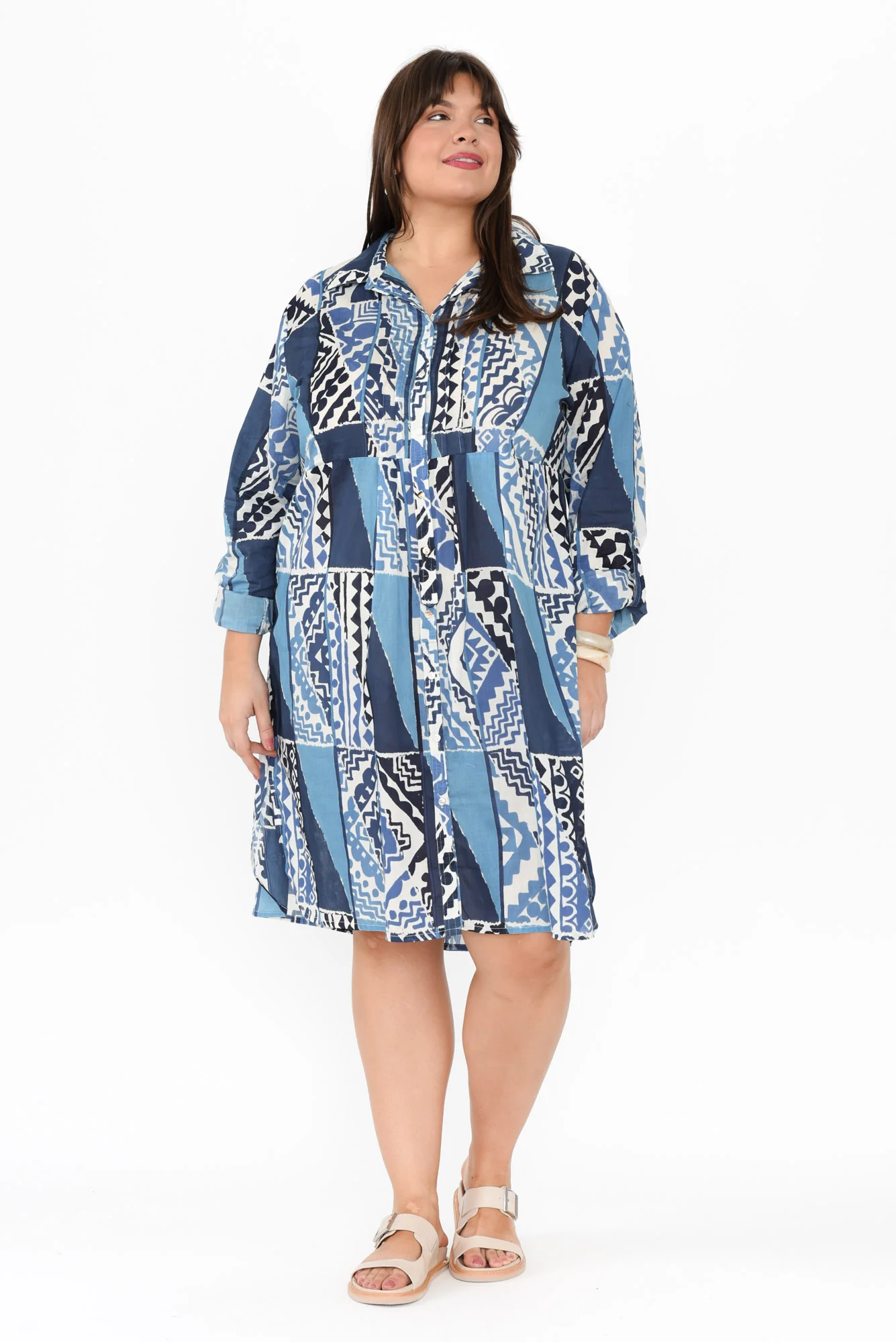 Maya Blue Motif Cotton Shirt Dress