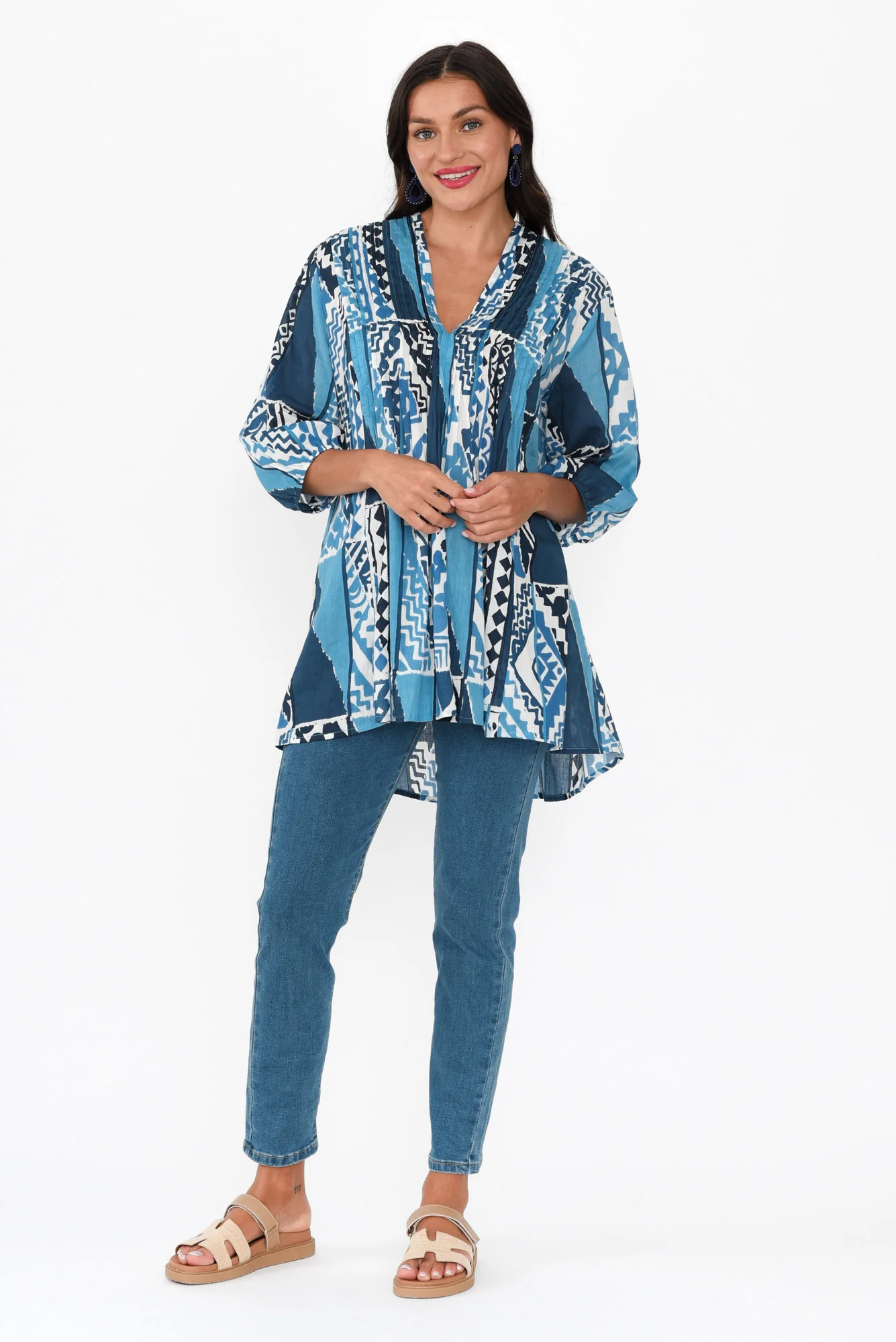 Alexa Blue Motif Cotton V Neck Top