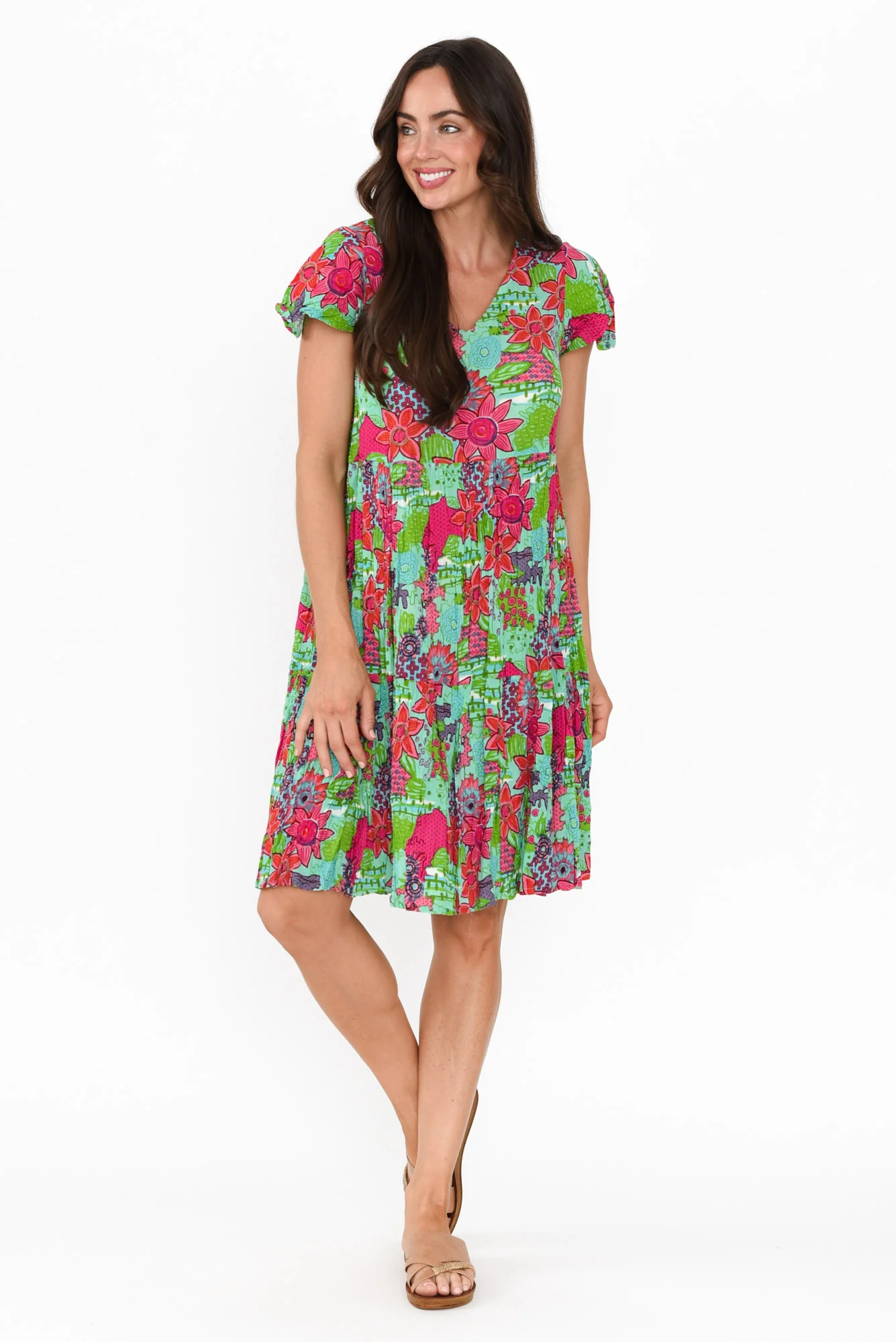 Azalea Green Floral Crinkle Dress