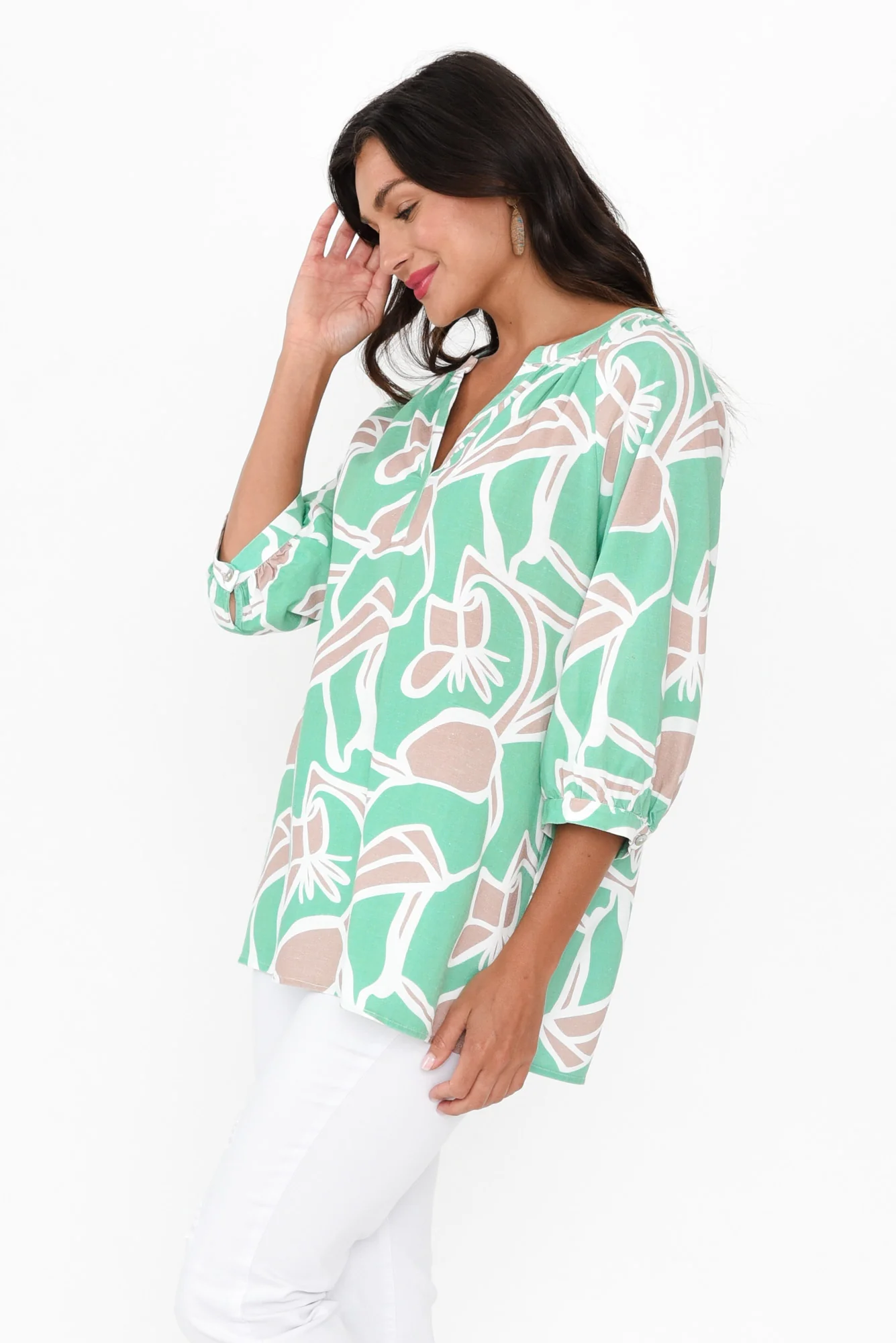 Noosa Green Abstract Linen Blend Top