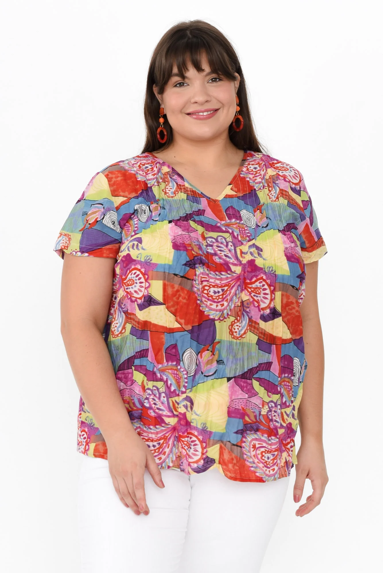 Fia Orange Geo Crinkle Cotton Top