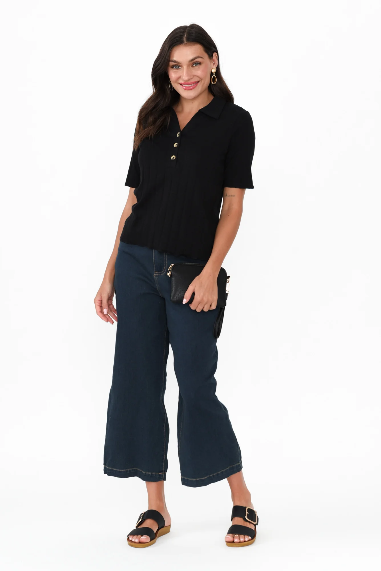 Novi Black Cotton Blend Ribbed Top