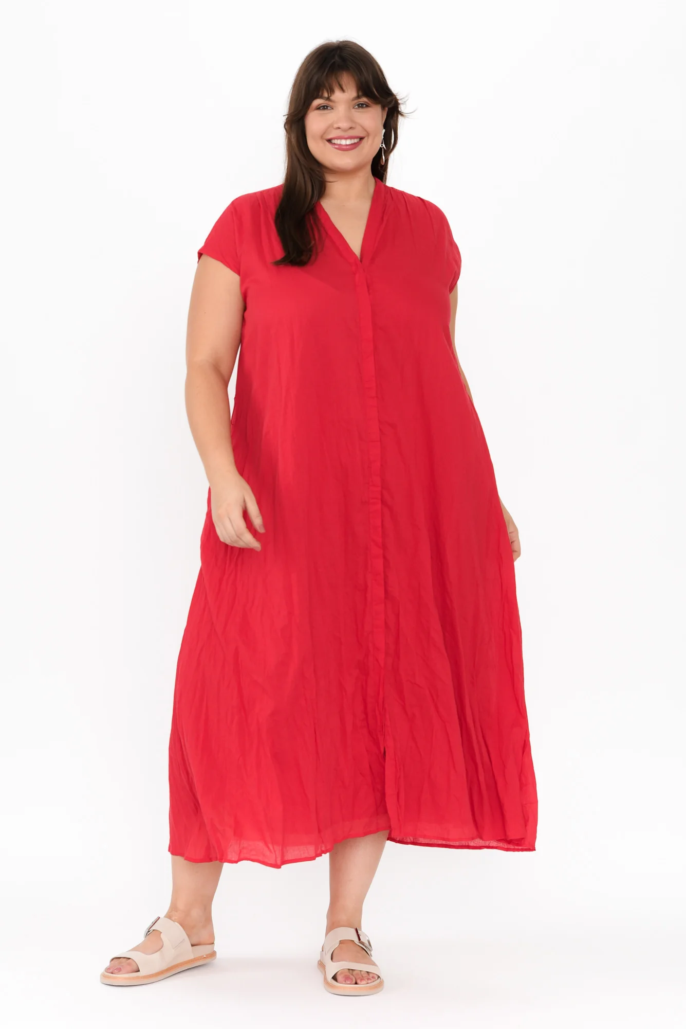 Octavia Red Crinkle Cotton Button Dress