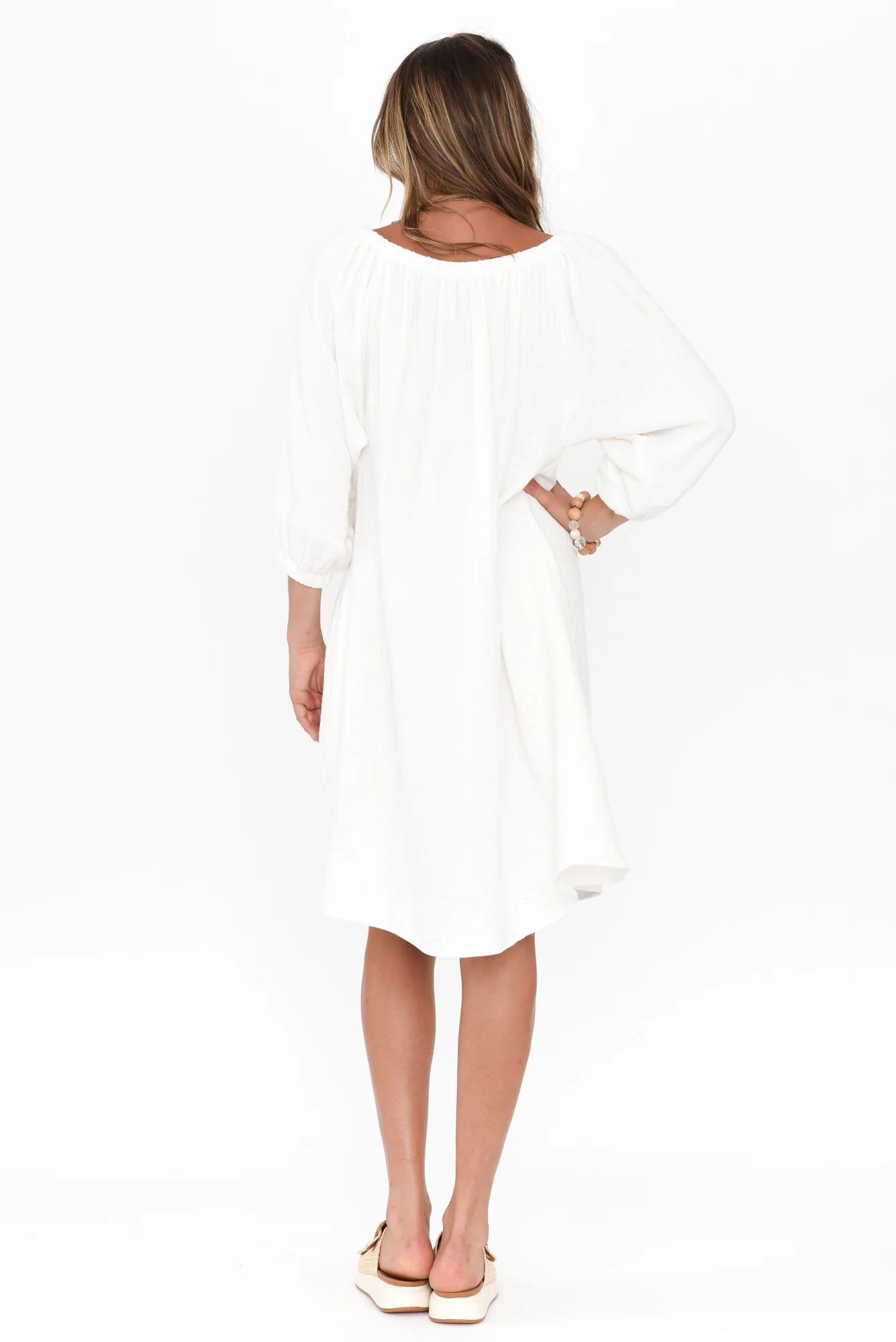 Raina White Cotton Cheesecloth Sleeved Dress