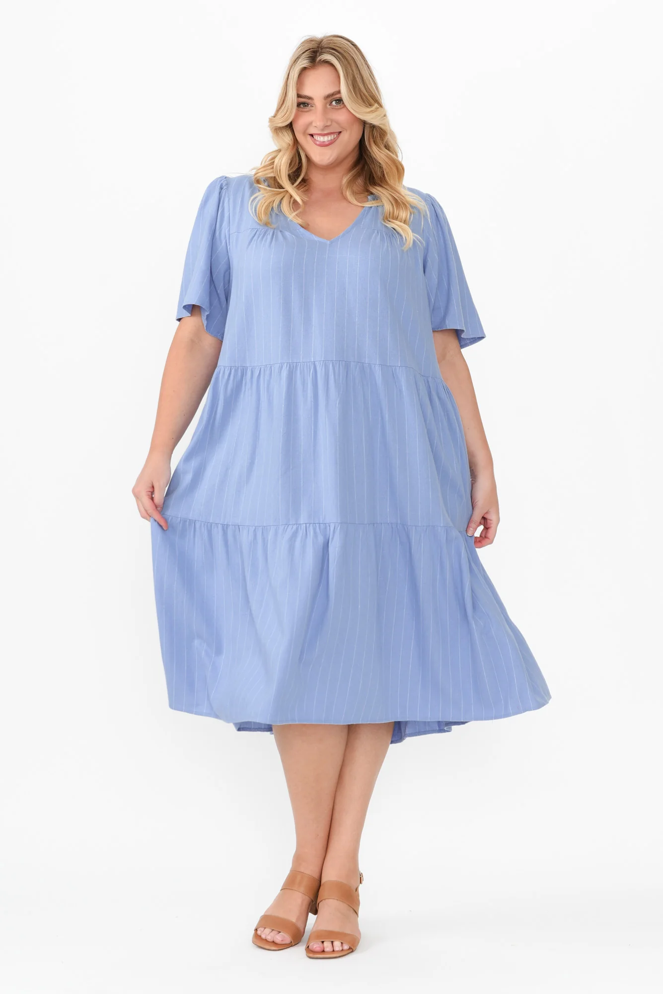 Regina Blue Linen Blend Tier Dress