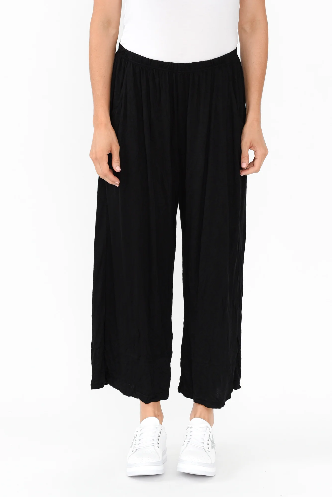 Lira Black Crinkle Cotton Wide Leg Pants