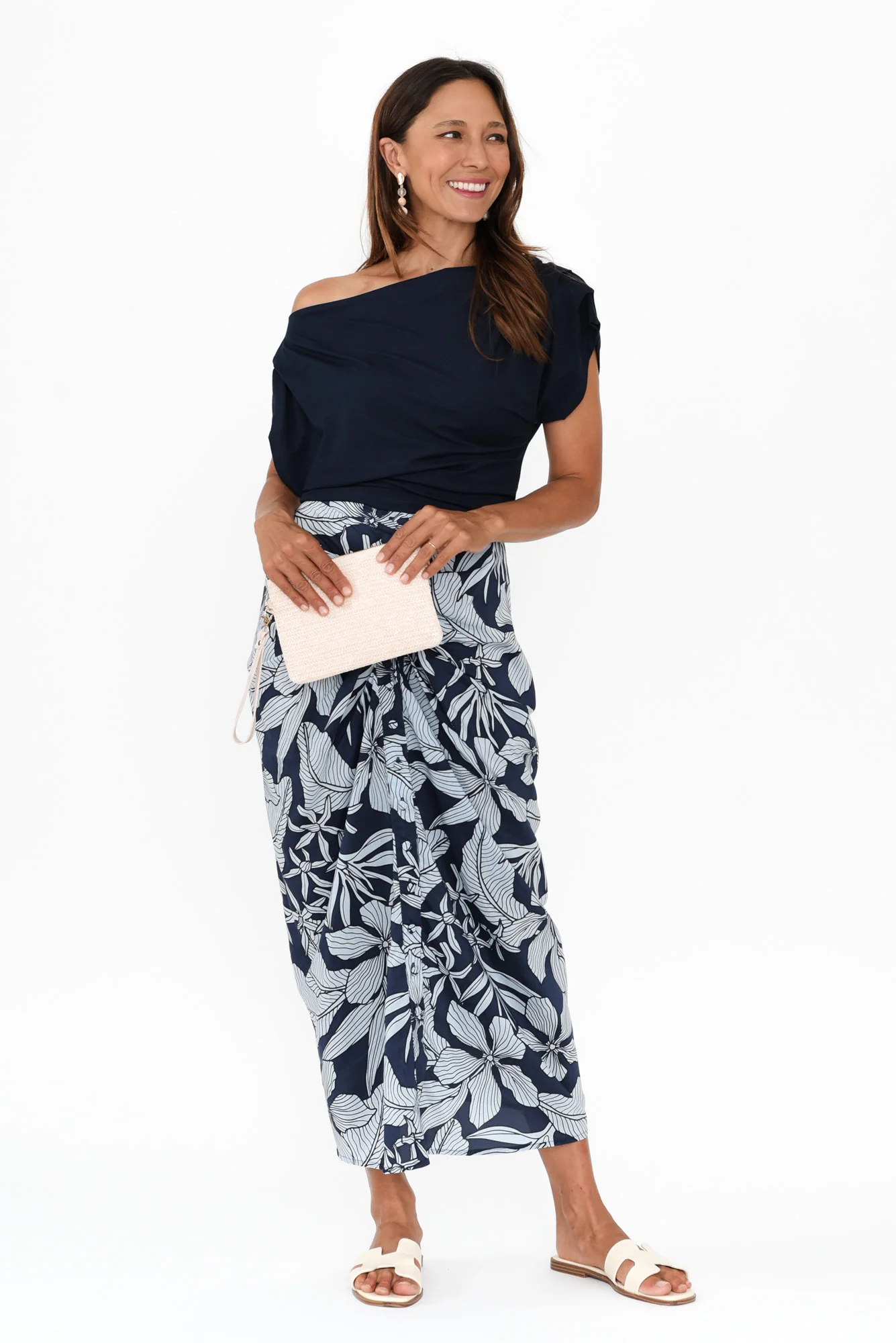 Treston Blue Tropical Cotton Gathered Skirt
