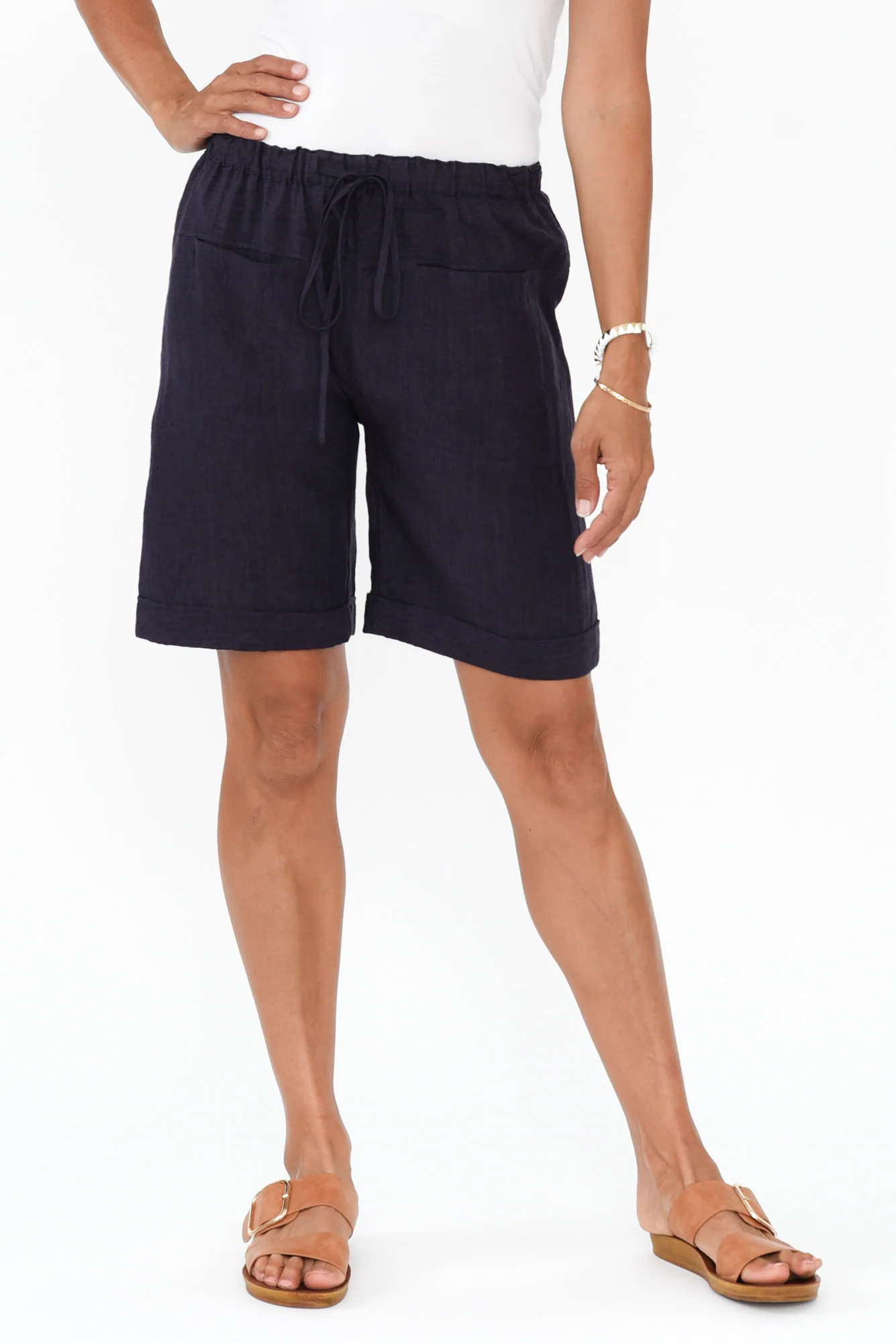 Arwen Navy Linen Drawstring Shorts