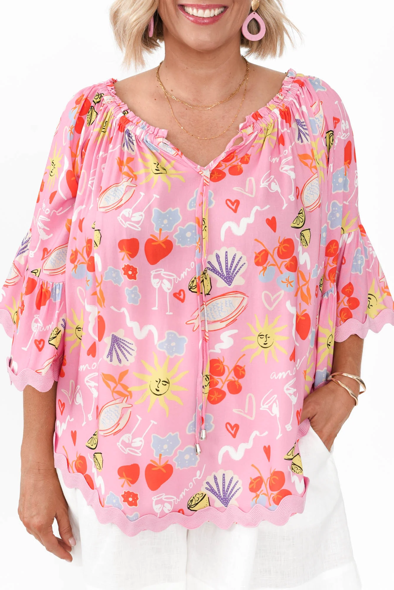 Bianco Pink Abstract Trim Top