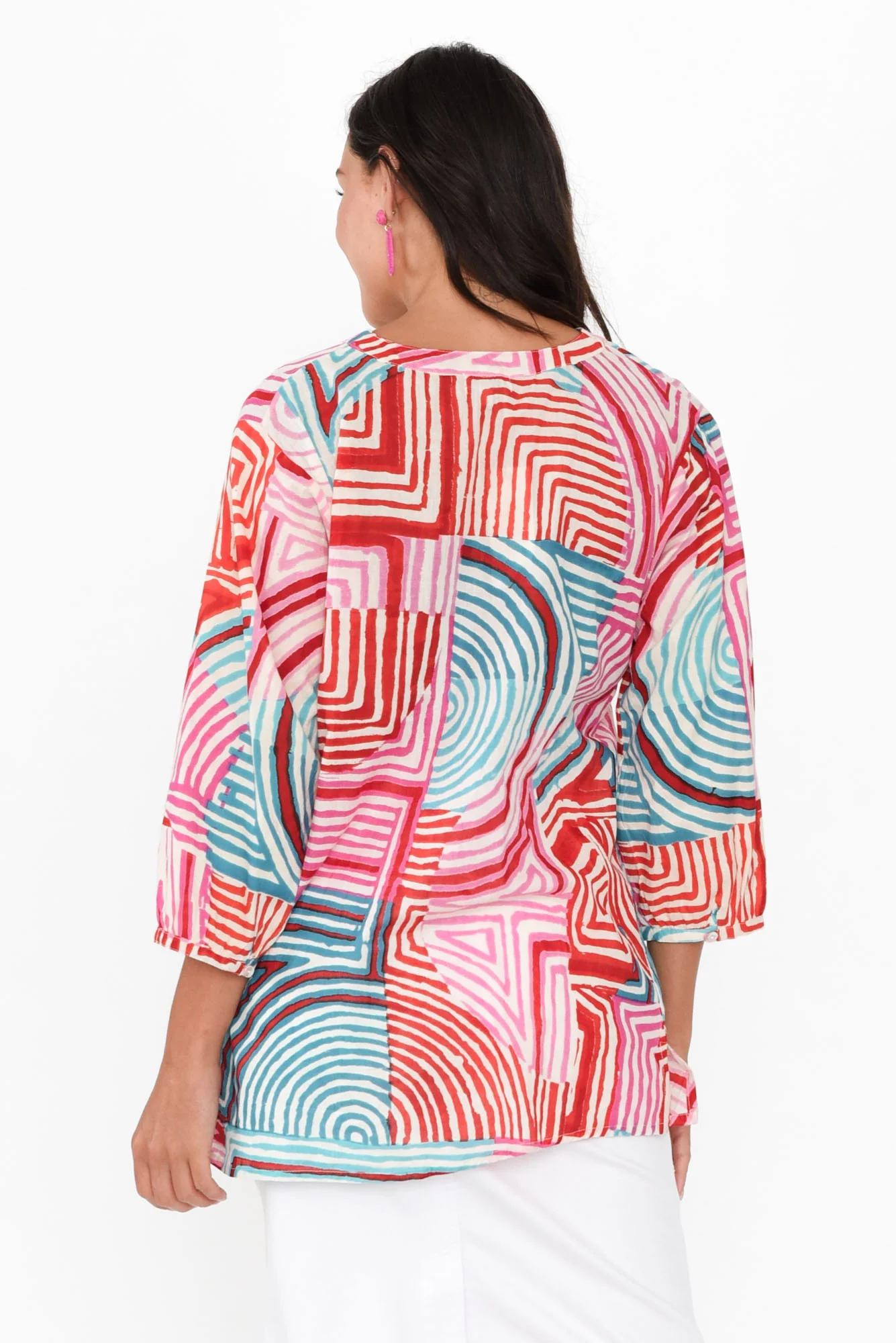 Clara Pink Geo Cotton Button Top