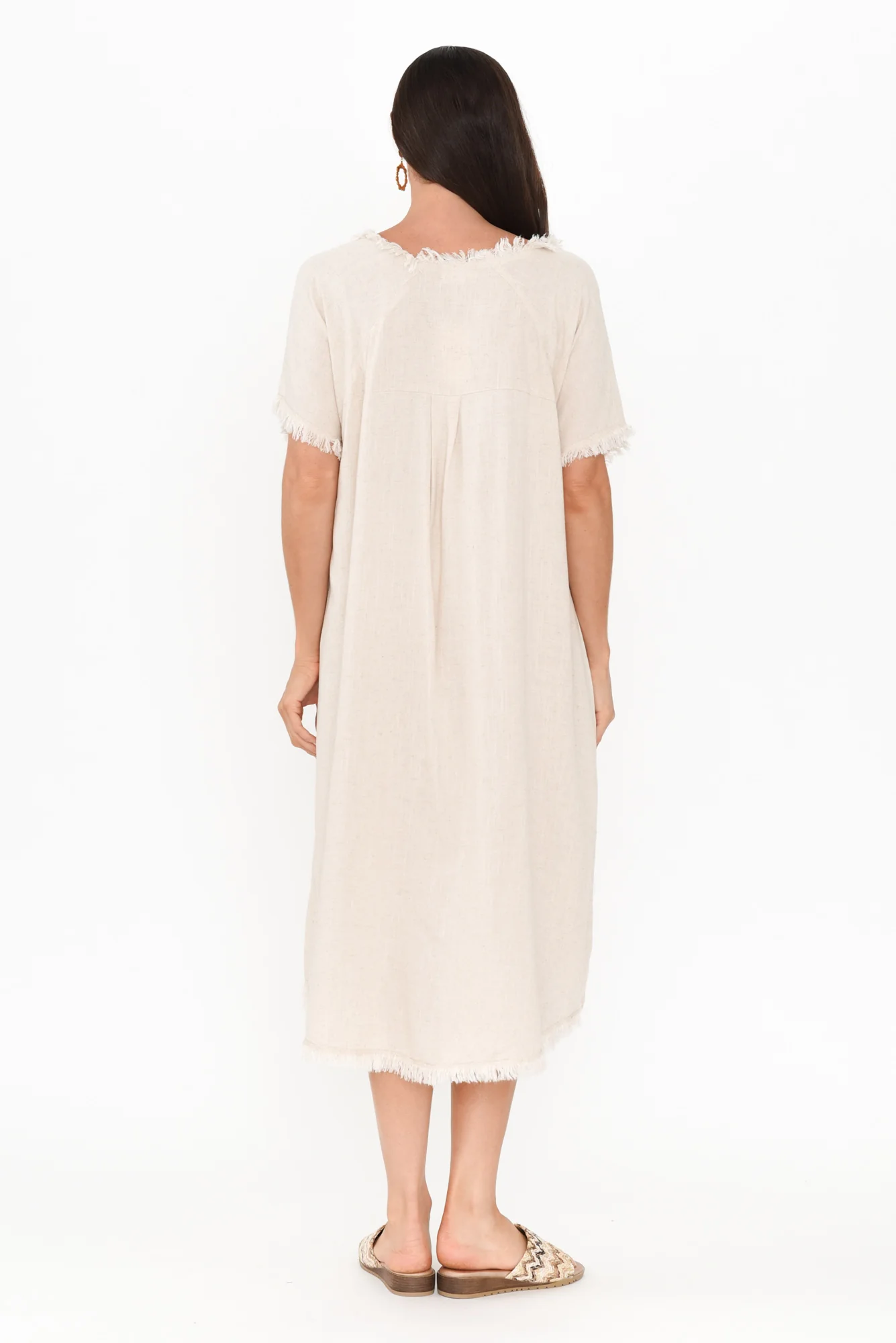 Humphrey Beige Cotton Linen Frayed Dress