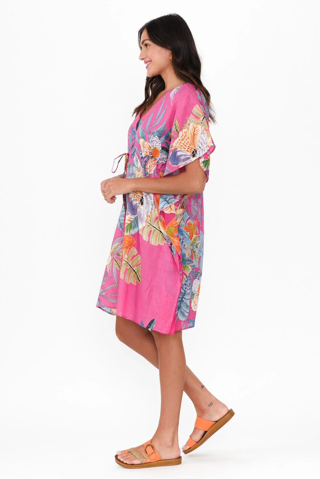 Isabel Pink Bird Cotton Kaftan