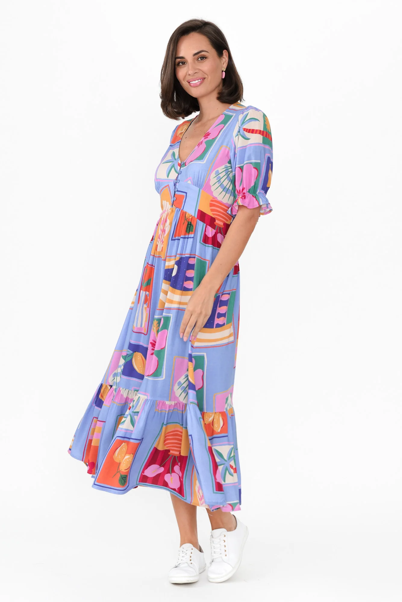 Beatrice Blue Tile Puff Sleeve Dress