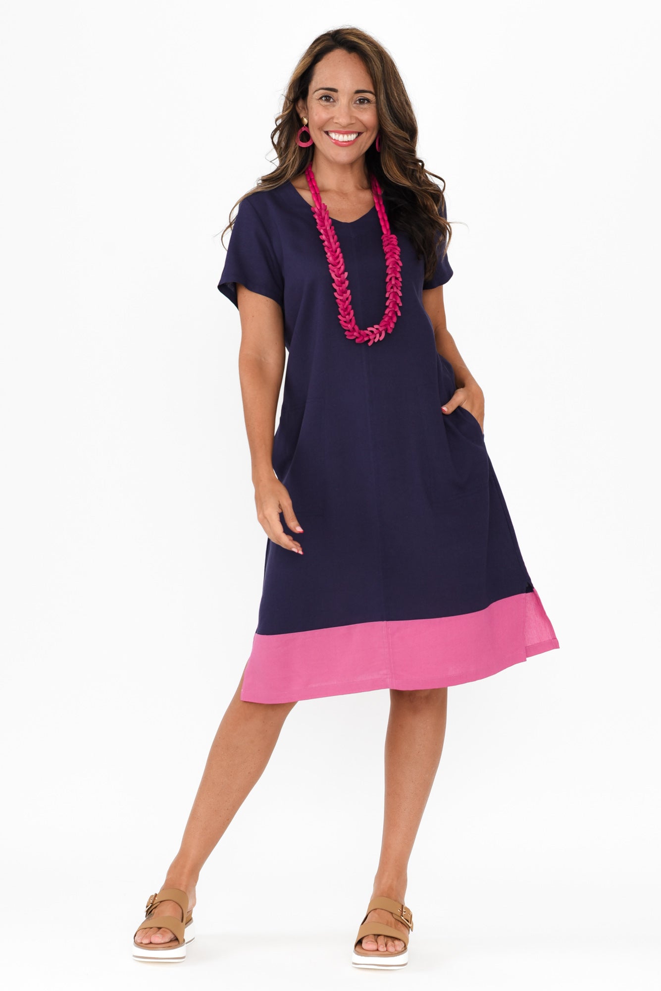 Elwood Navy Splice Linen Blend Dress