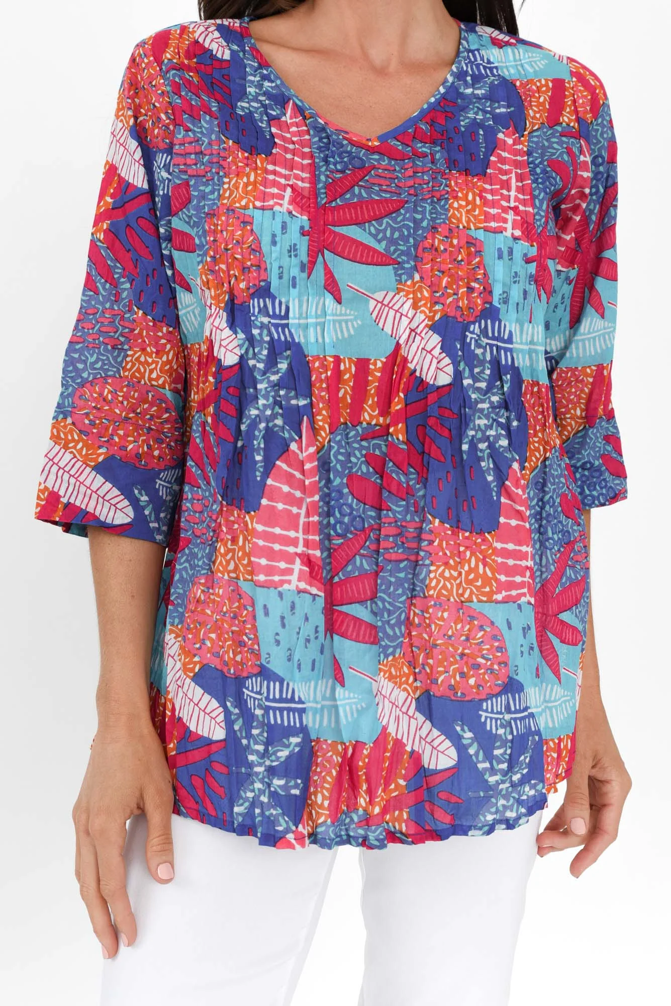 Fia Blue Leaf Sleeved Crinkle Cotton Top