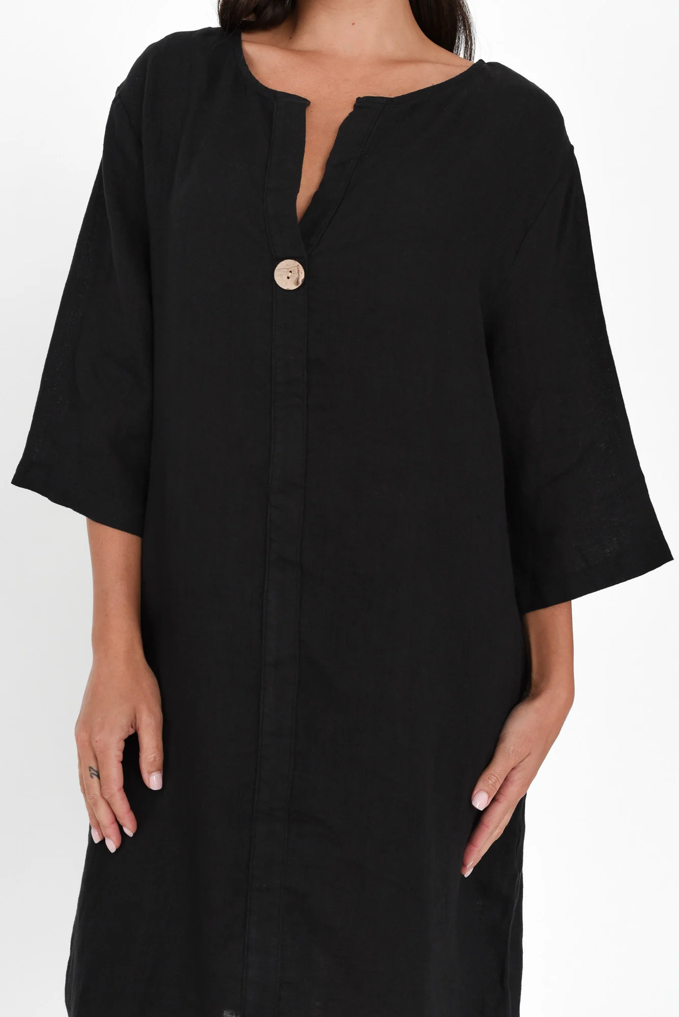 Sian Black Linen V Neck Dress