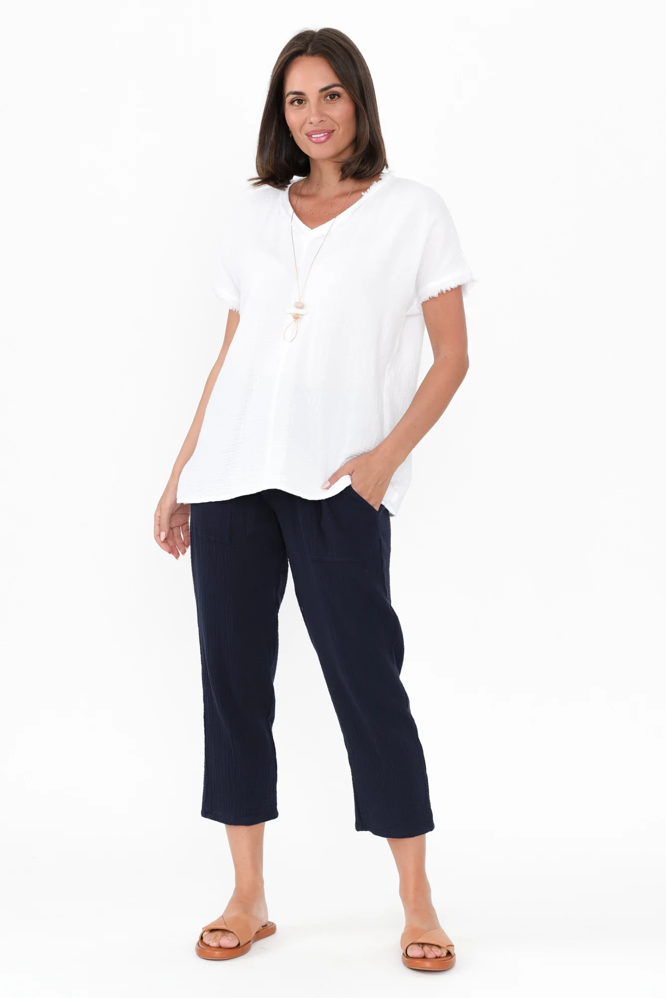 Haltia White Cotton Cheesecloth V Neck Top