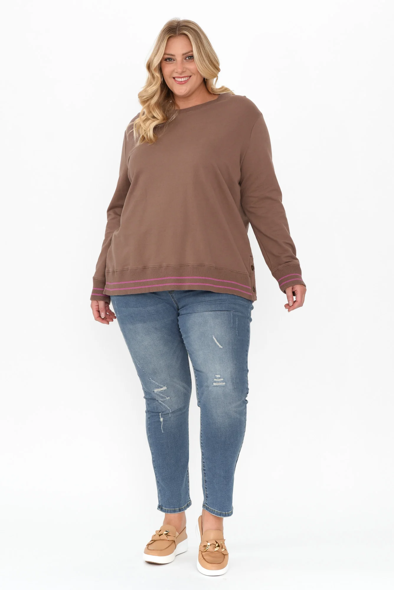Leonie Brown Trim Cotton Blend Top