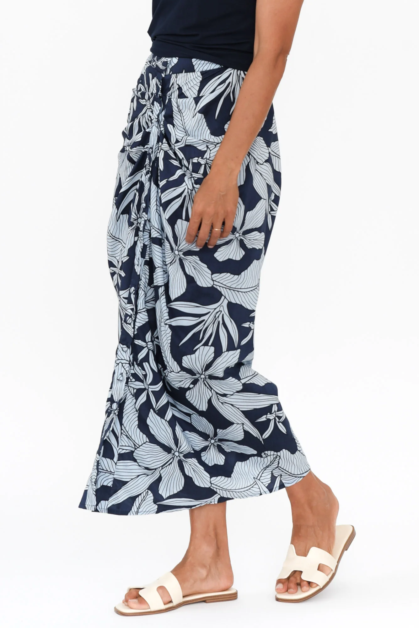 Treston Blue Tropical Cotton Gathered Skirt
