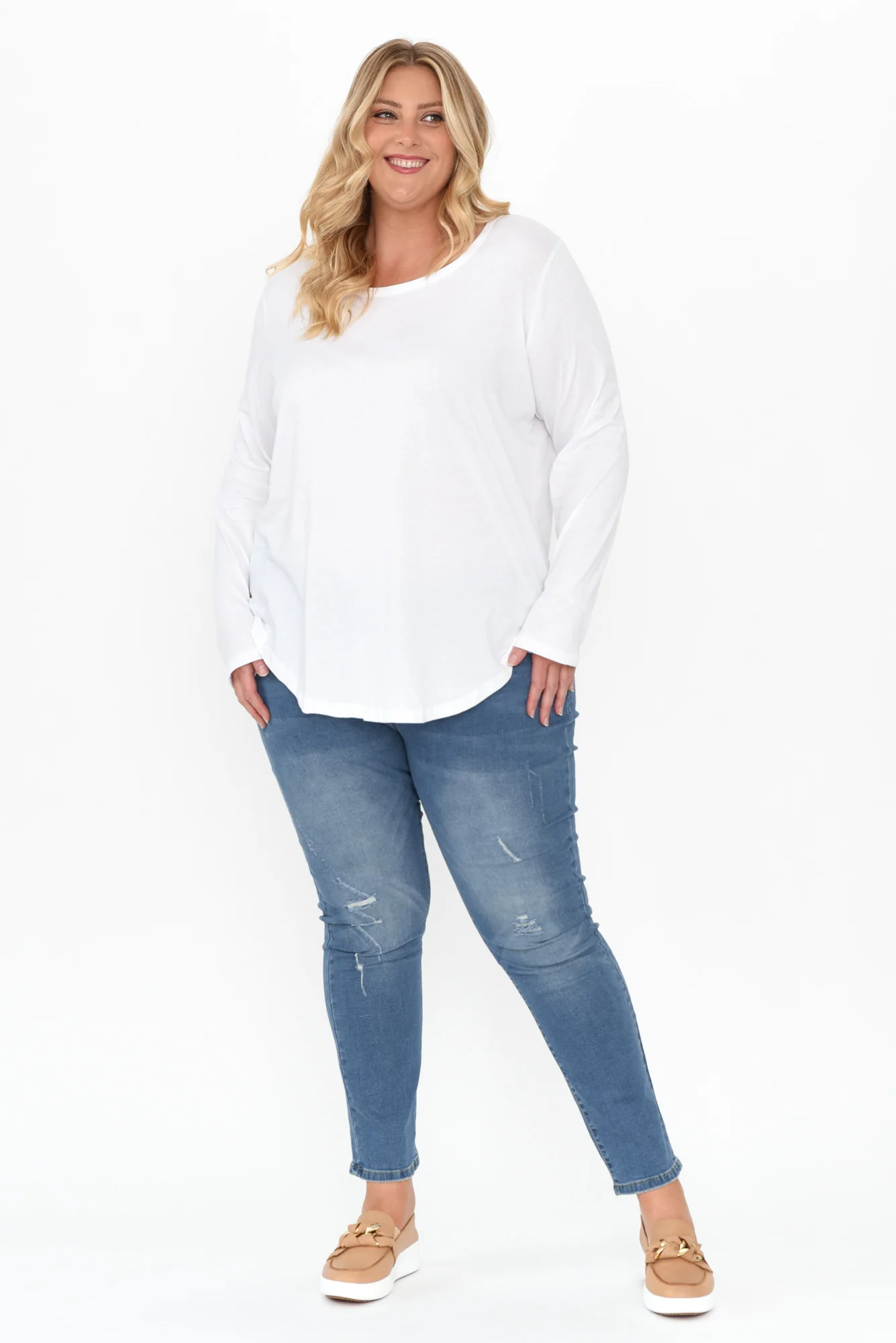 Megan White Cotton Long Sleeve Top