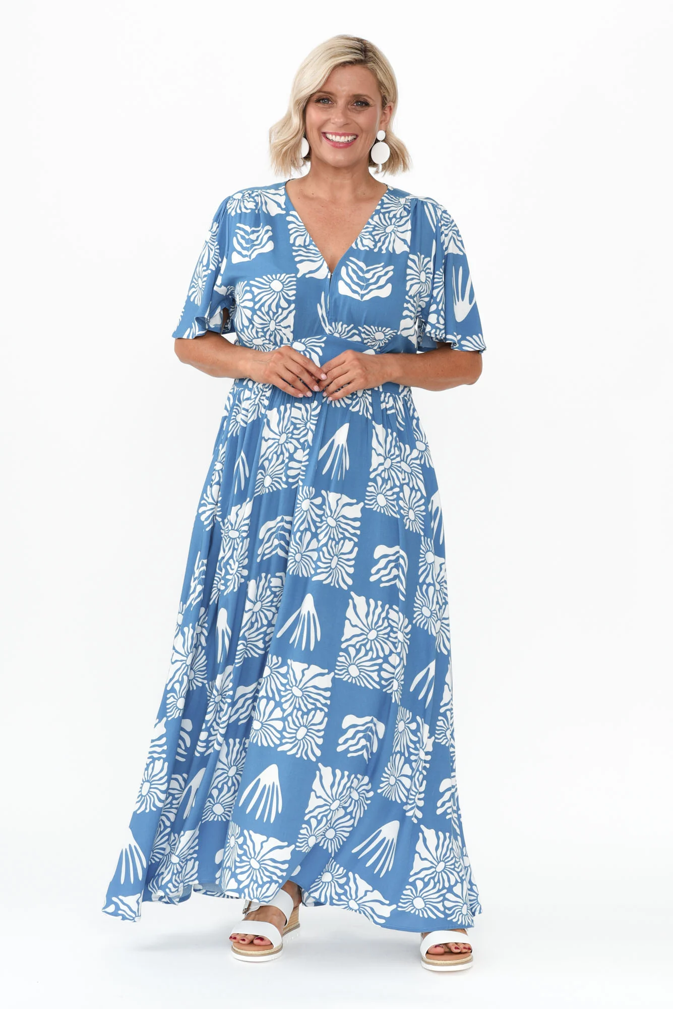 Ora Blue Floral Flutter Sleeve Dress