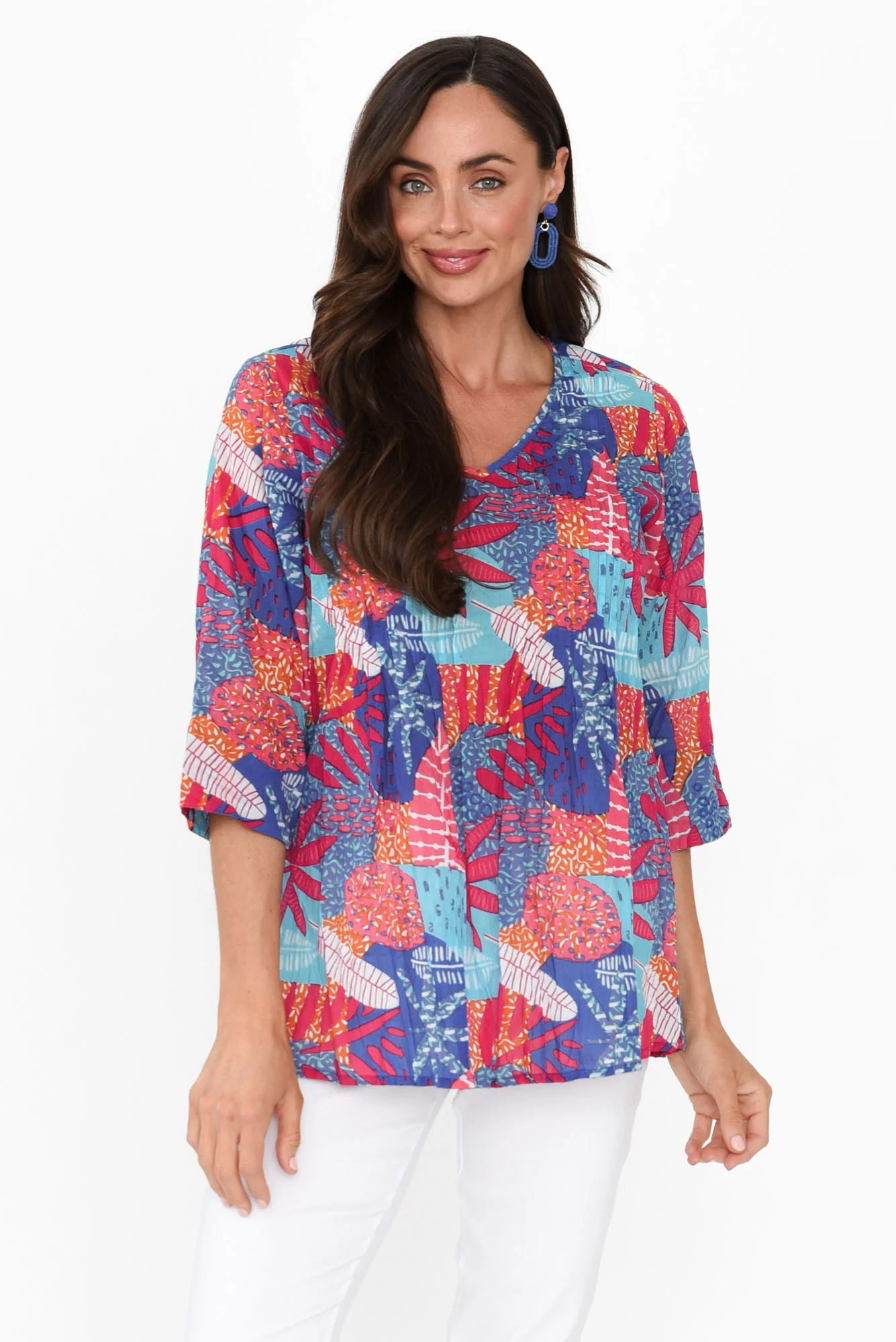 Fia Blue Leaf Sleeved Crinkle Cotton Top