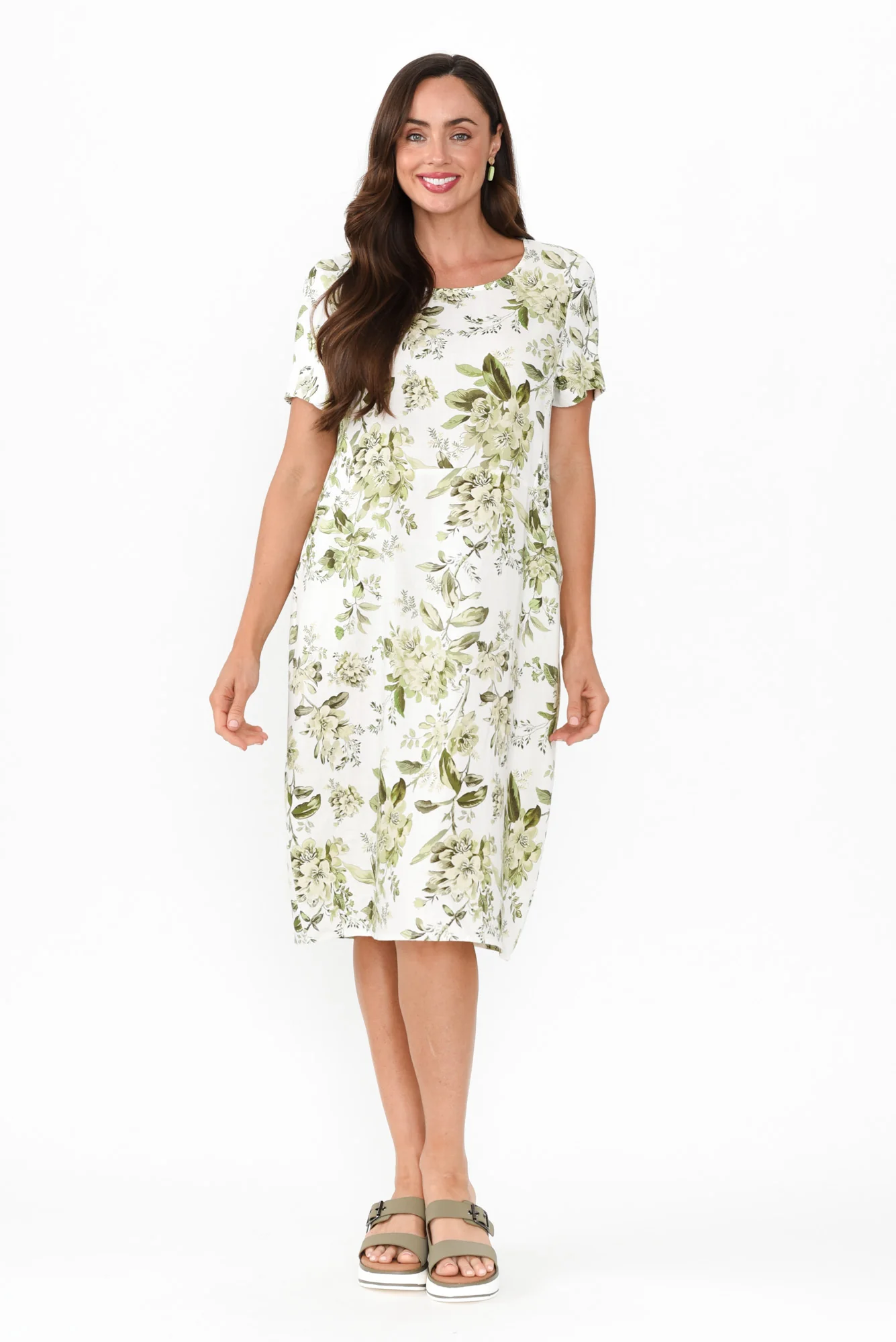Evalina Green Floral Linen Blend Dress