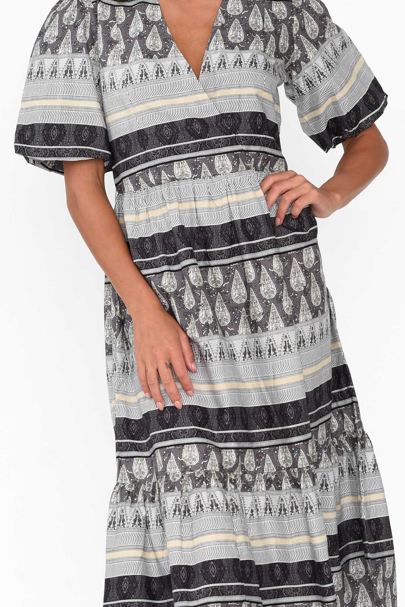 Mai Black Geo Cotton Tie Dress