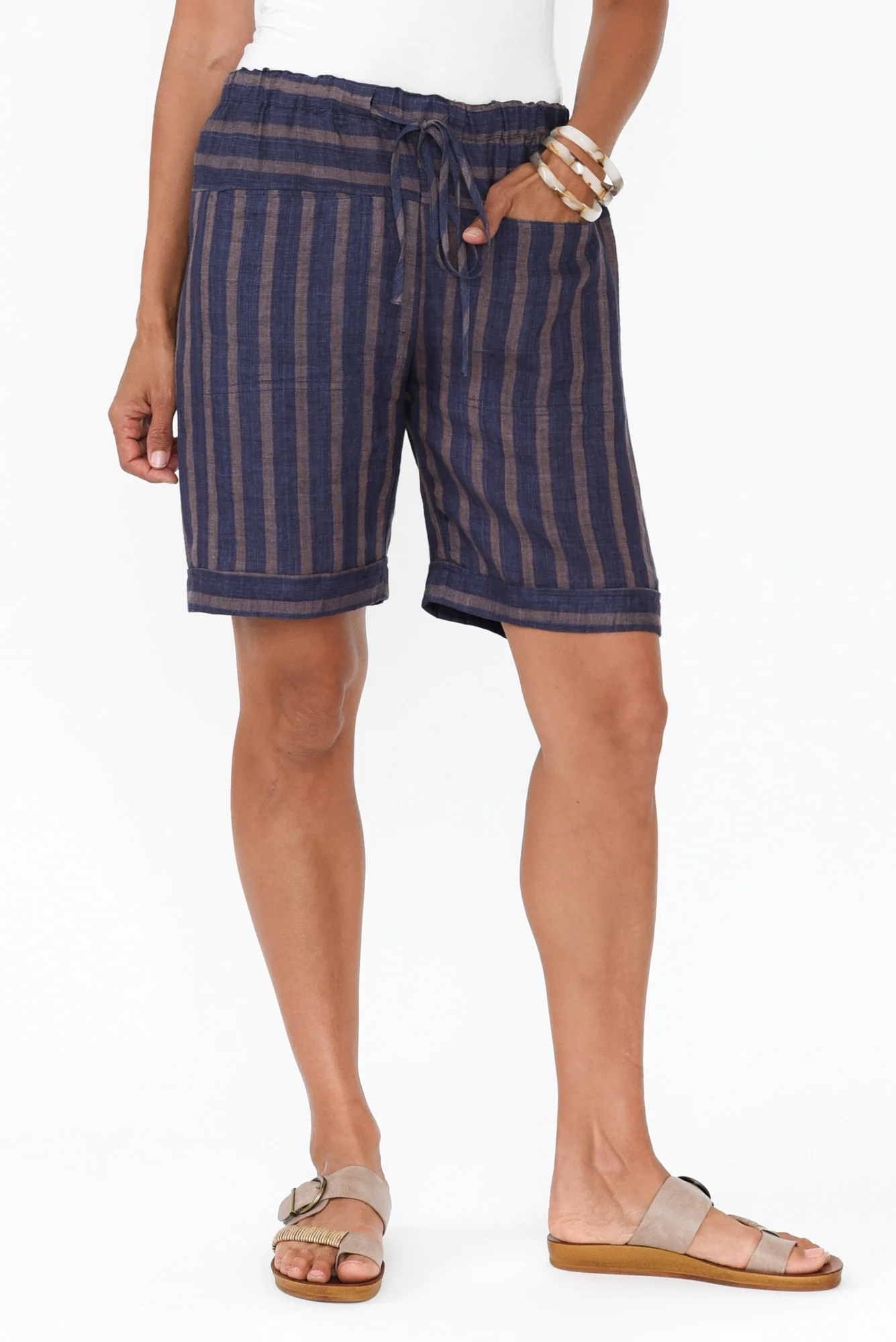 Arwen Navy Stripe Linen Drawstring Shorts
