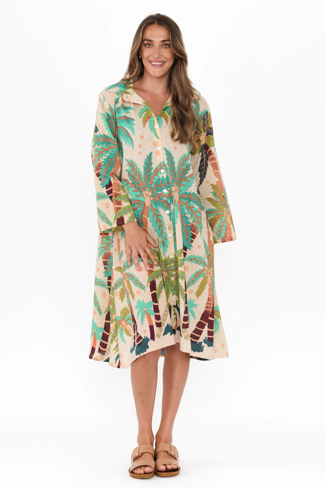 Stav Green Tropical Cotton Button Kaftan