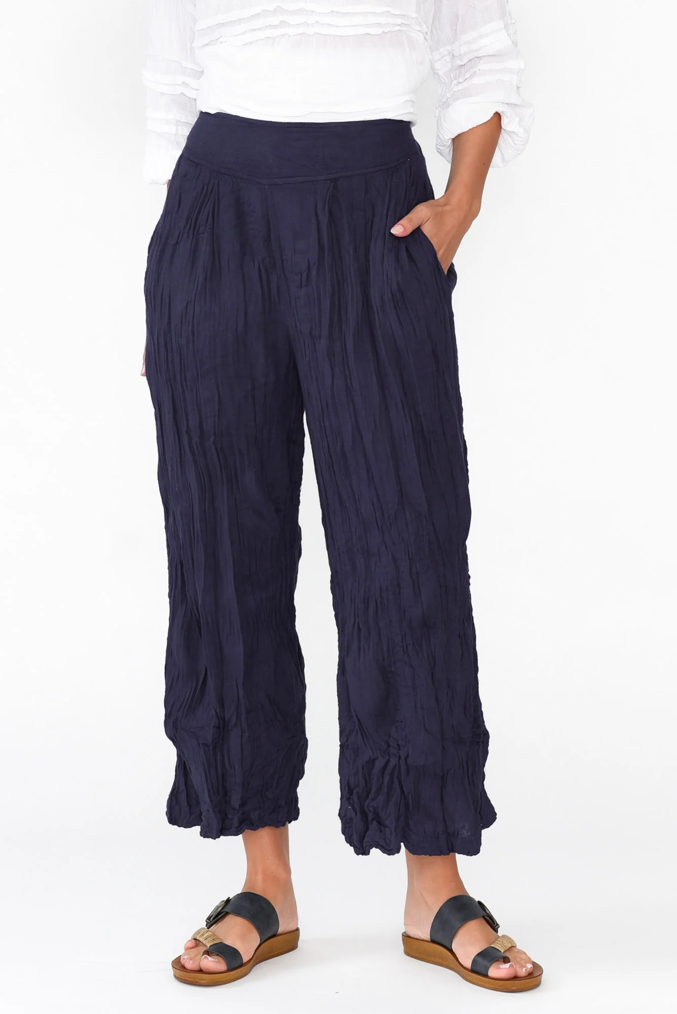 Costello Navy Crinkle Cotton Pants