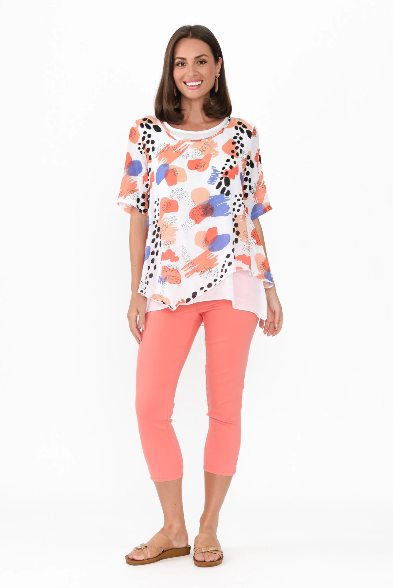 Nias Orange Abstract Cotton Linen Top