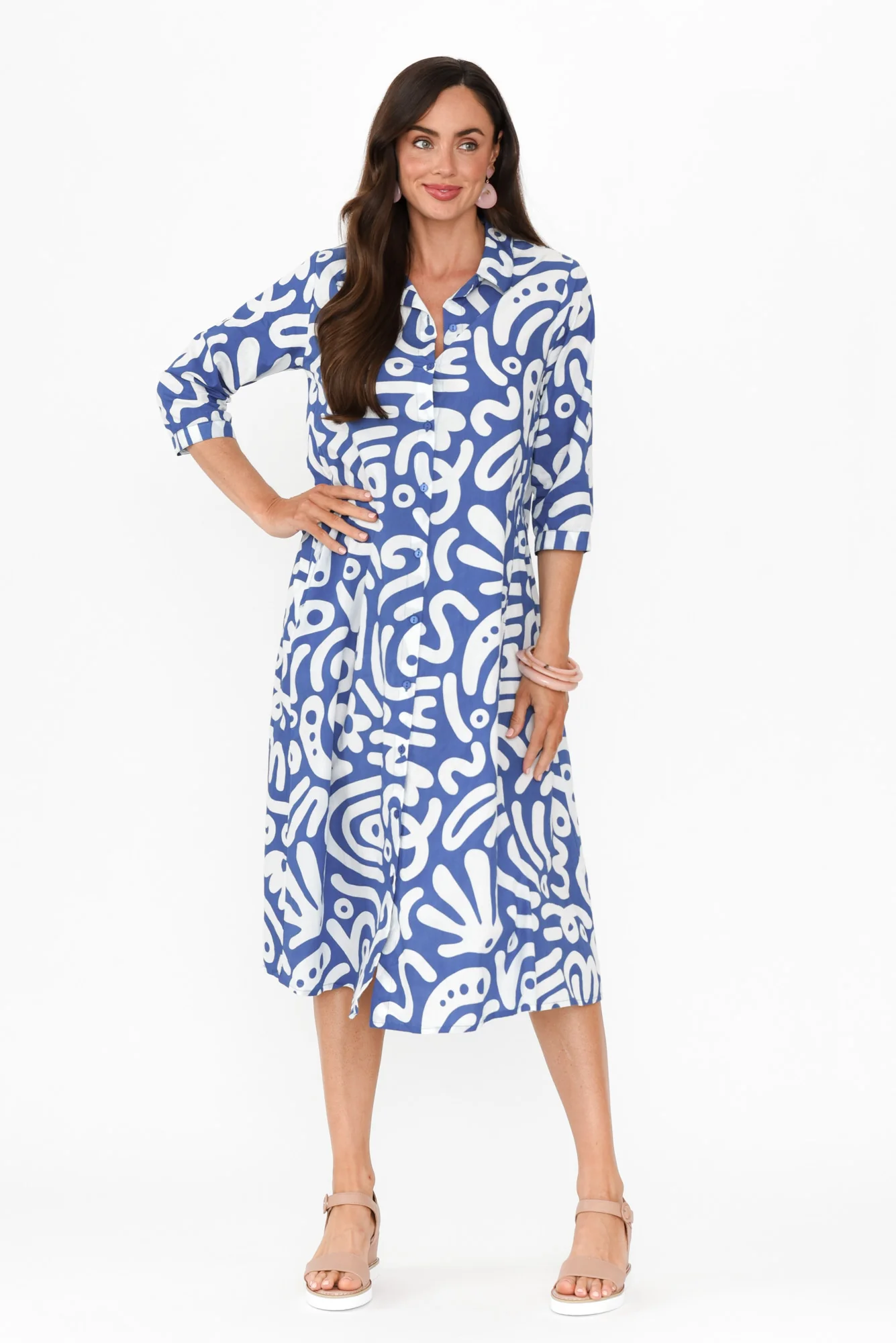 Cyra Blue Geo Cotton Collared Dress