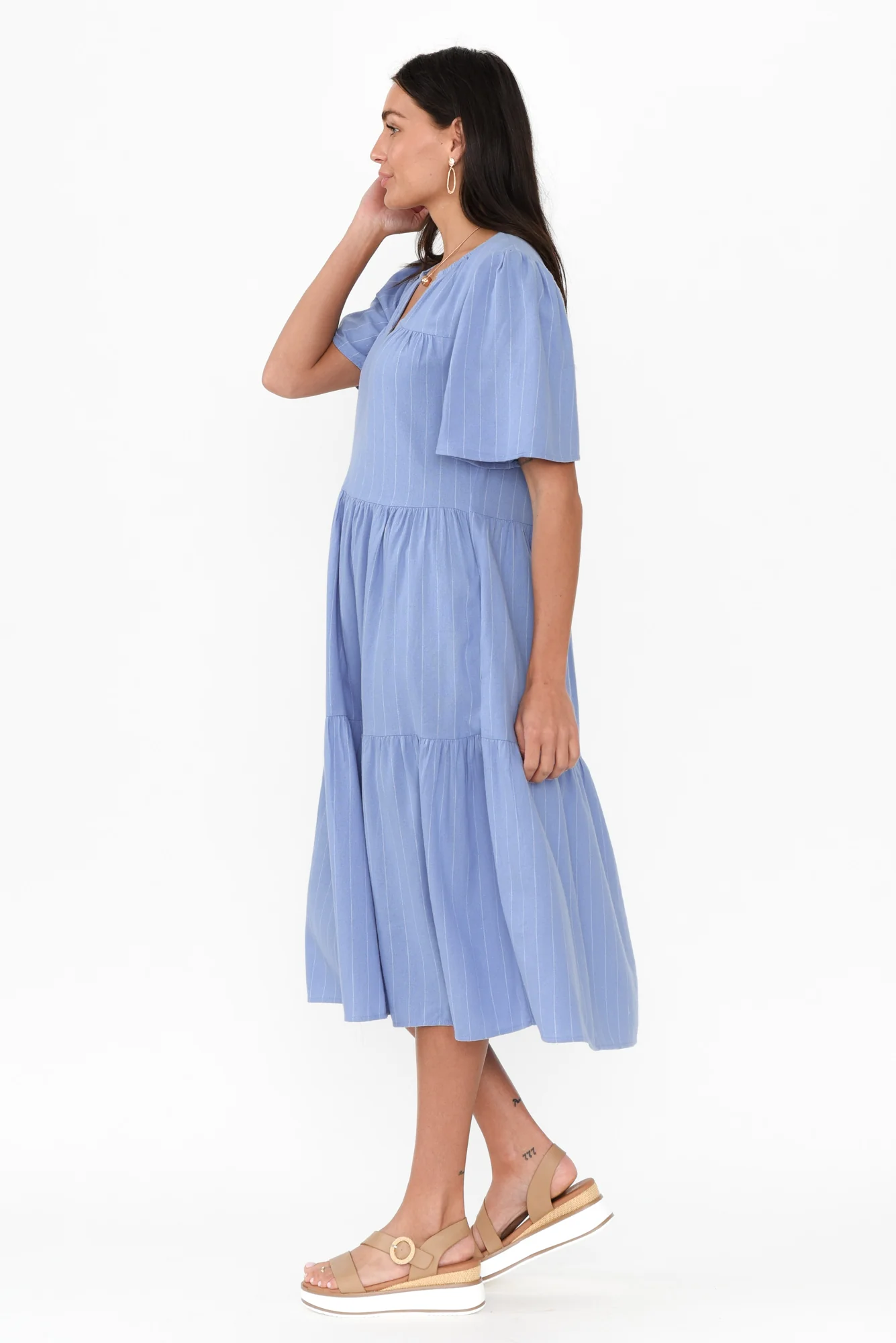 Regina Blue Linen Blend Tier Dress