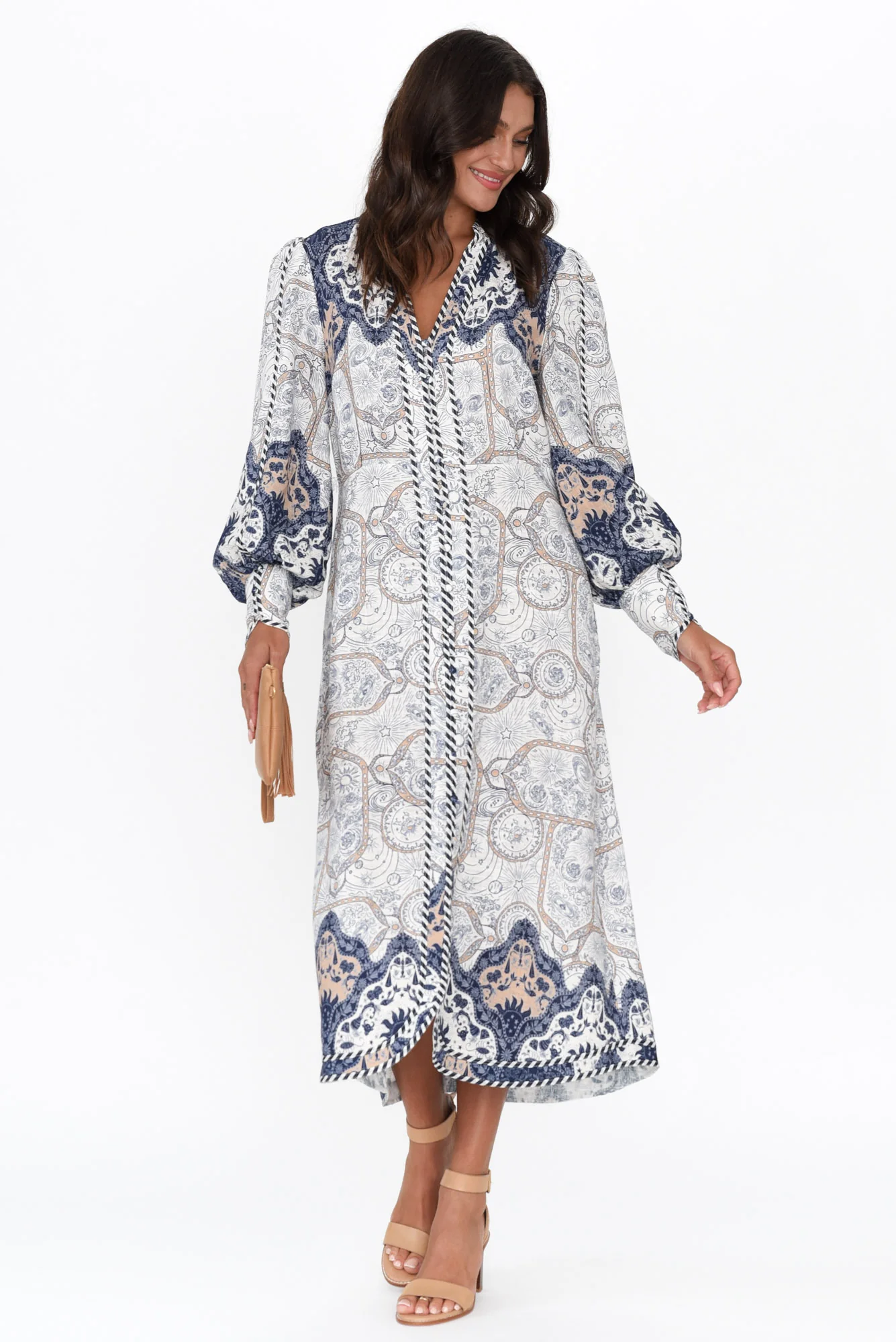 Nova Blue Astral Linen Blend Dress