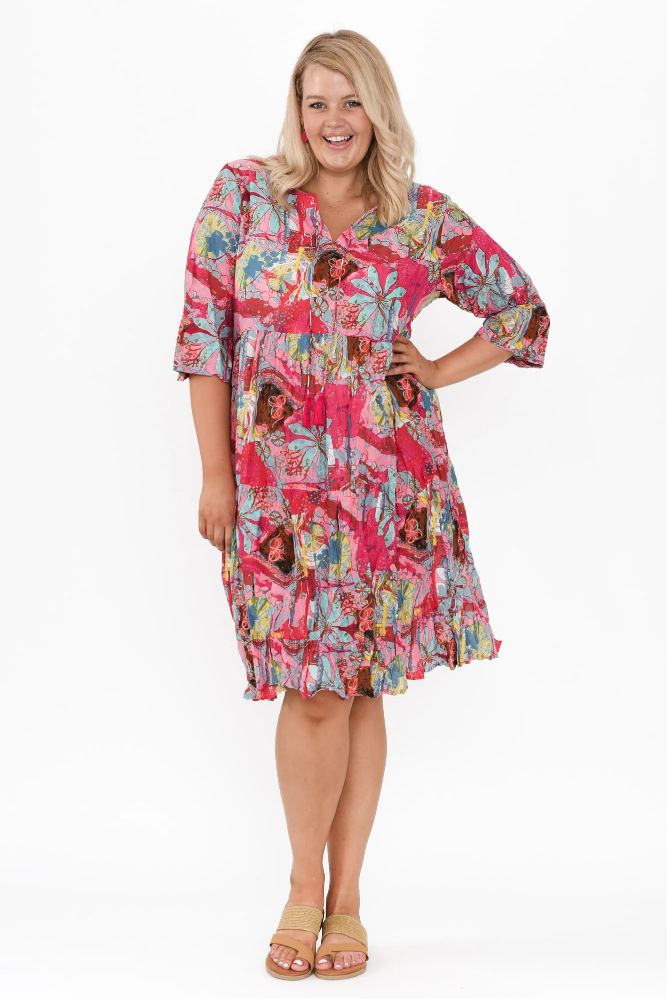 Milana Pink Mosaic Crinkle Cotton Dress