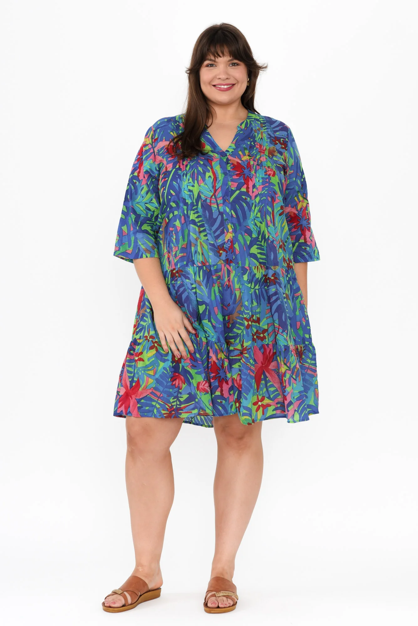 Larissa Blue Leaf Cotton Pleated Dress