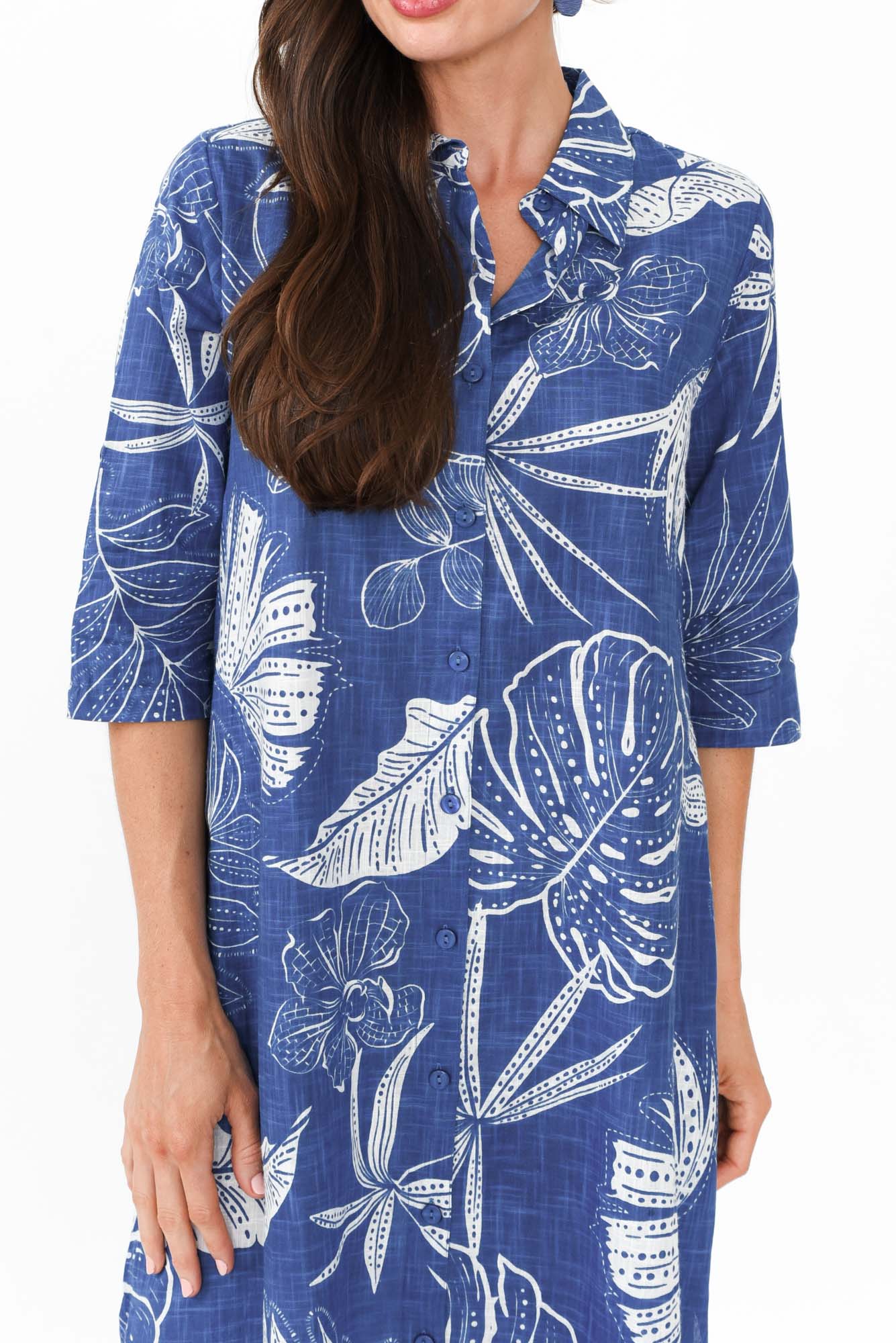 Tricia Navy Leaf Cotton Shirt Dress