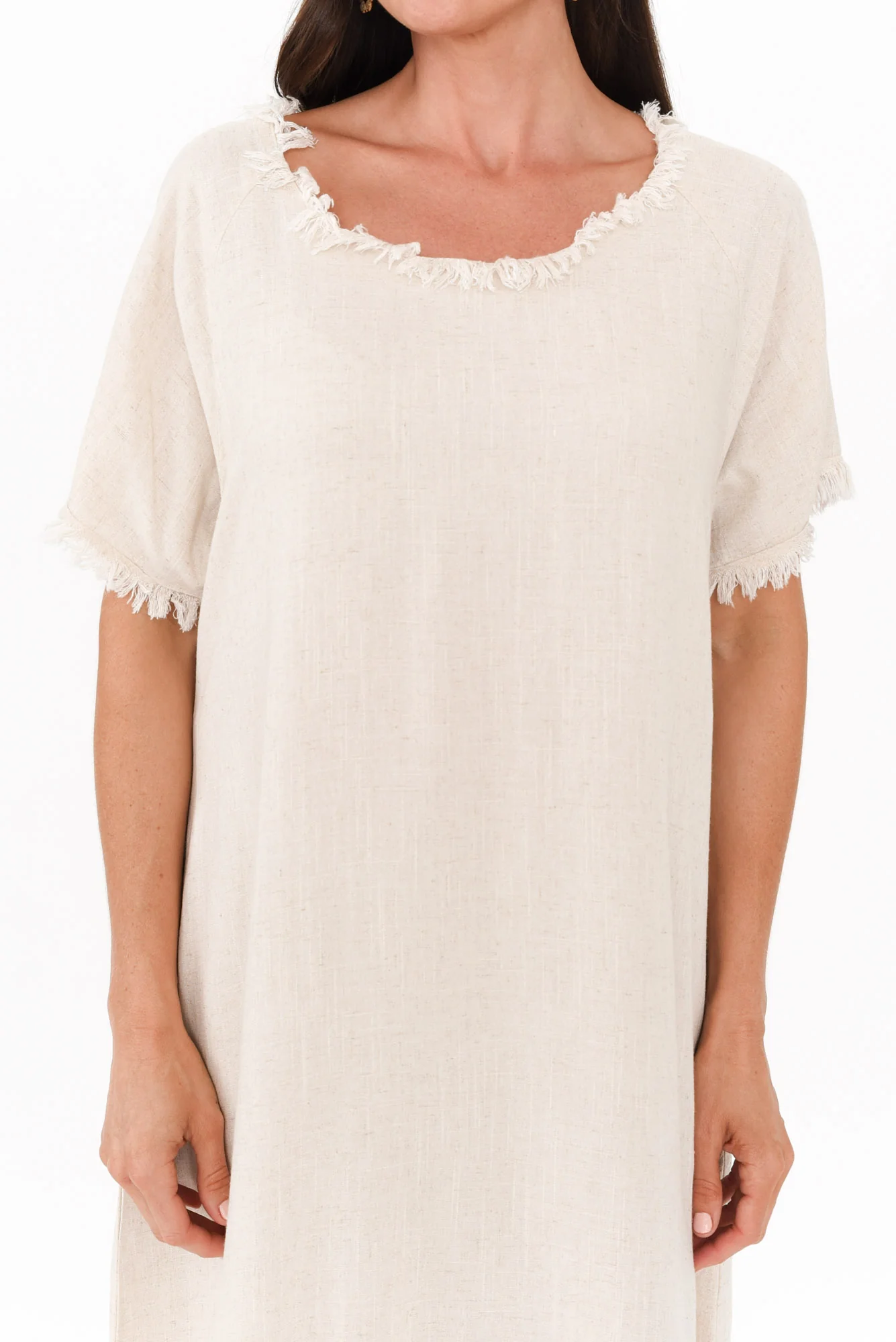 Humphrey Beige Cotton Linen Frayed Dress