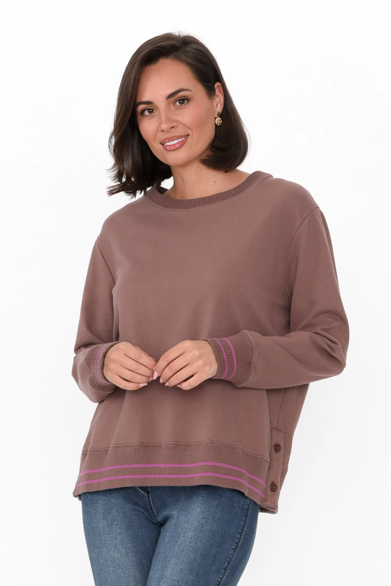 Leonie Brown Trim Cotton Blend Top
