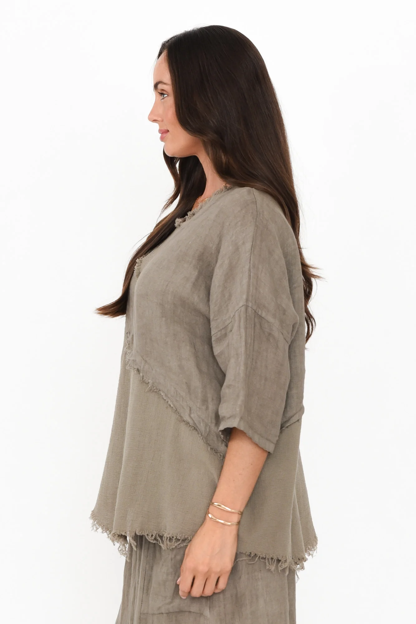 Denae Taupe Linen Frayed Top