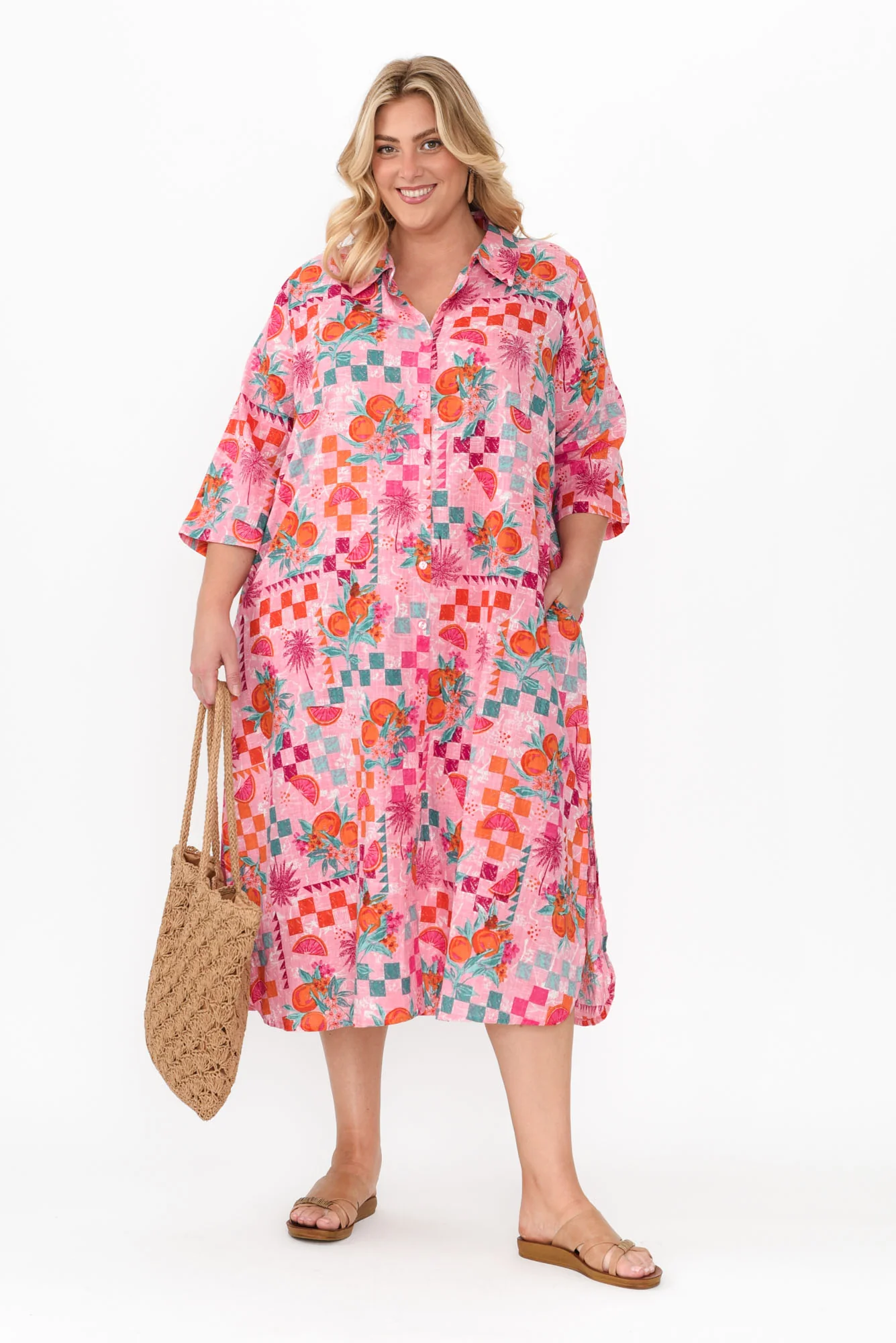 Tricia Pink Tropical Cotton Shirt Dress
