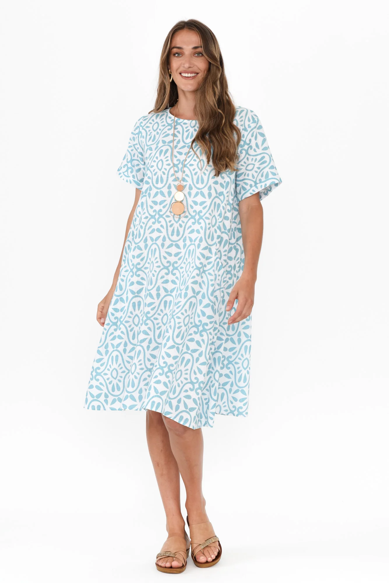 Shayann Blue Geo Linen Cotton Dress