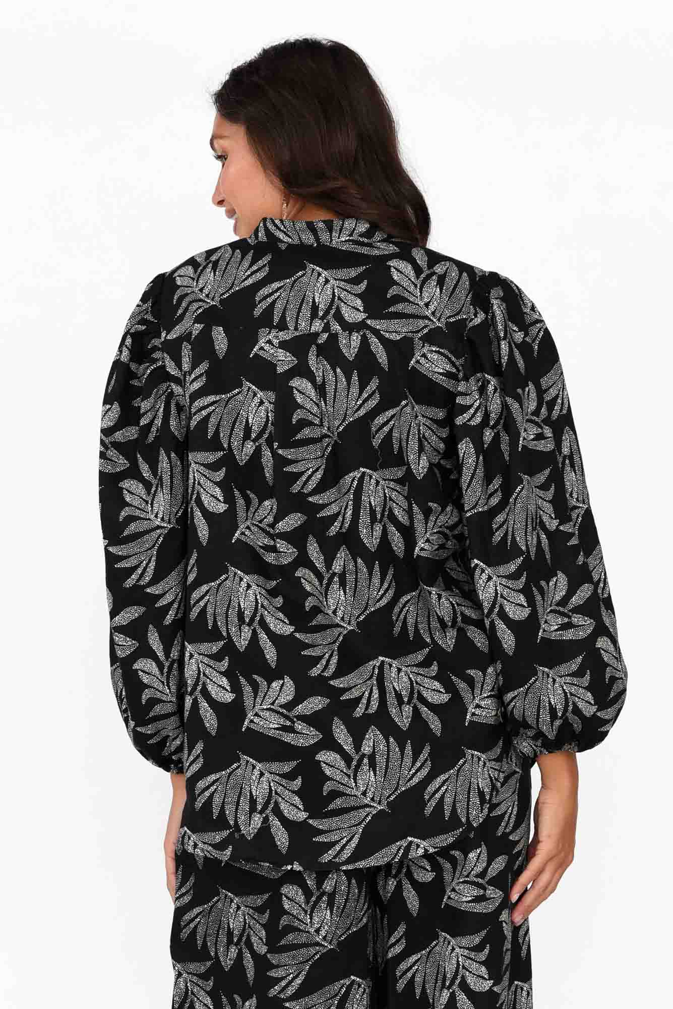 Finch Black Palm Linen Sleeved Blouse