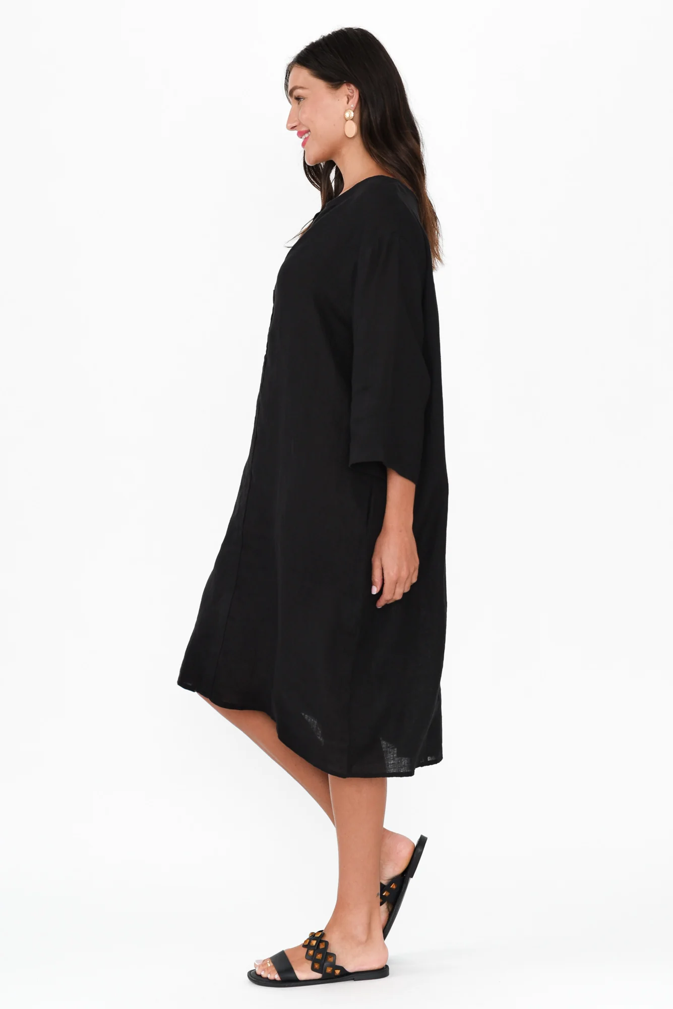 Sian Black Linen V Neck Dress