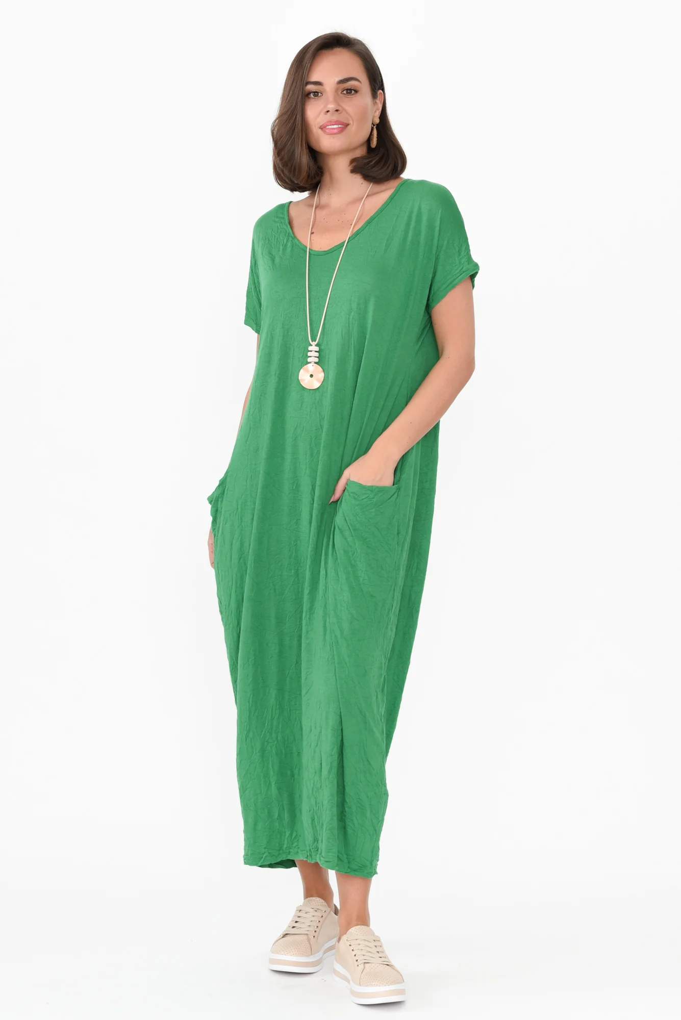 Travel Green Crinkle Cotton Maxi Dress