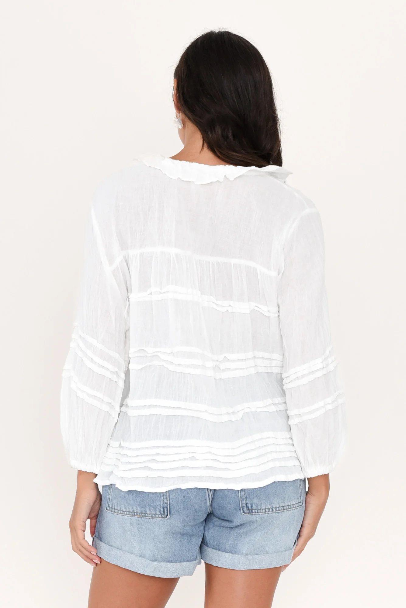 Palmer White Cotton Long Sleeve Top