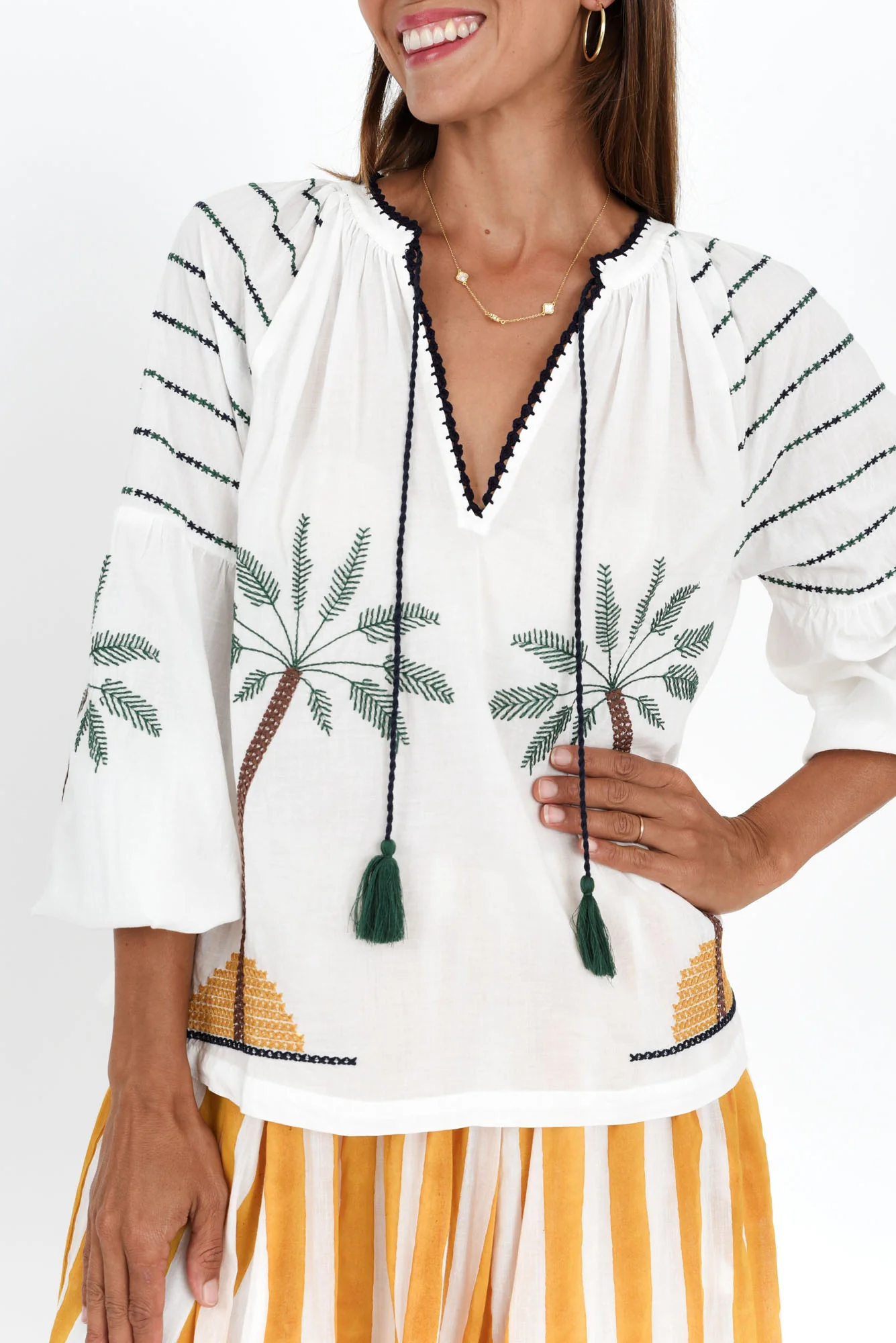 Elger White Palm Embroidered Cotton Shirt