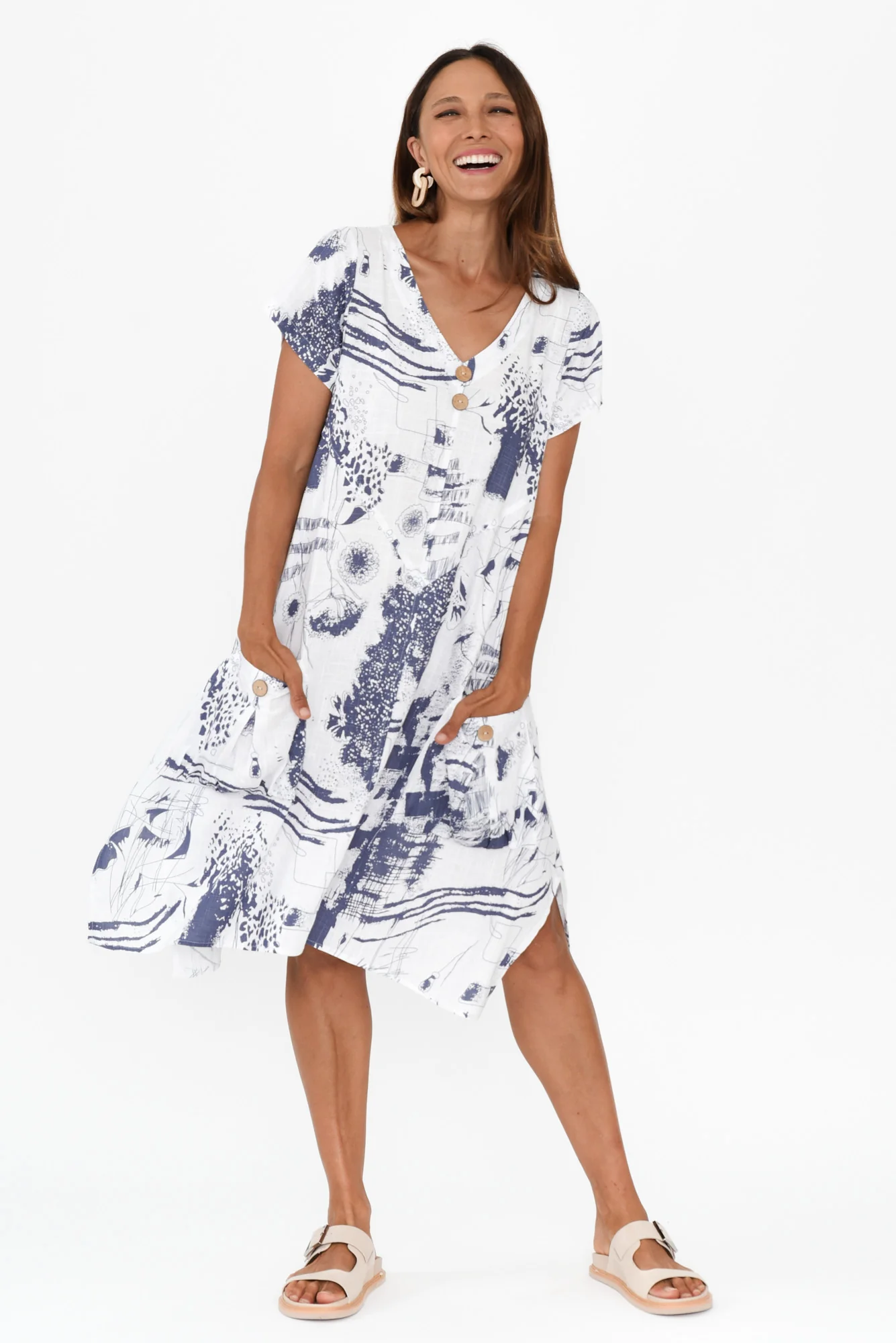 Bryant Blue Abstract Linen Cotton Dress