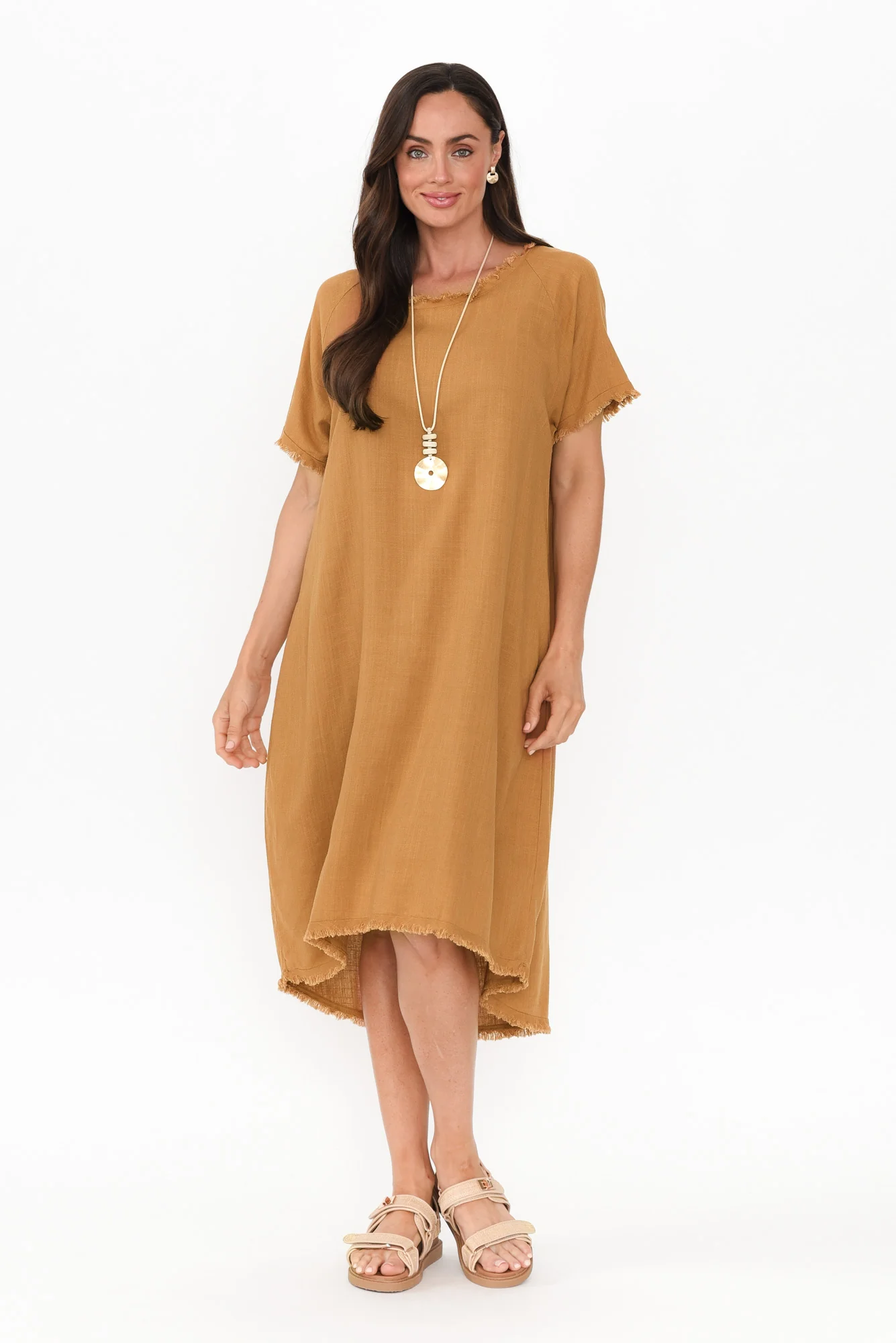 Humphrey Mustard Cotton Linen Frayed Dress